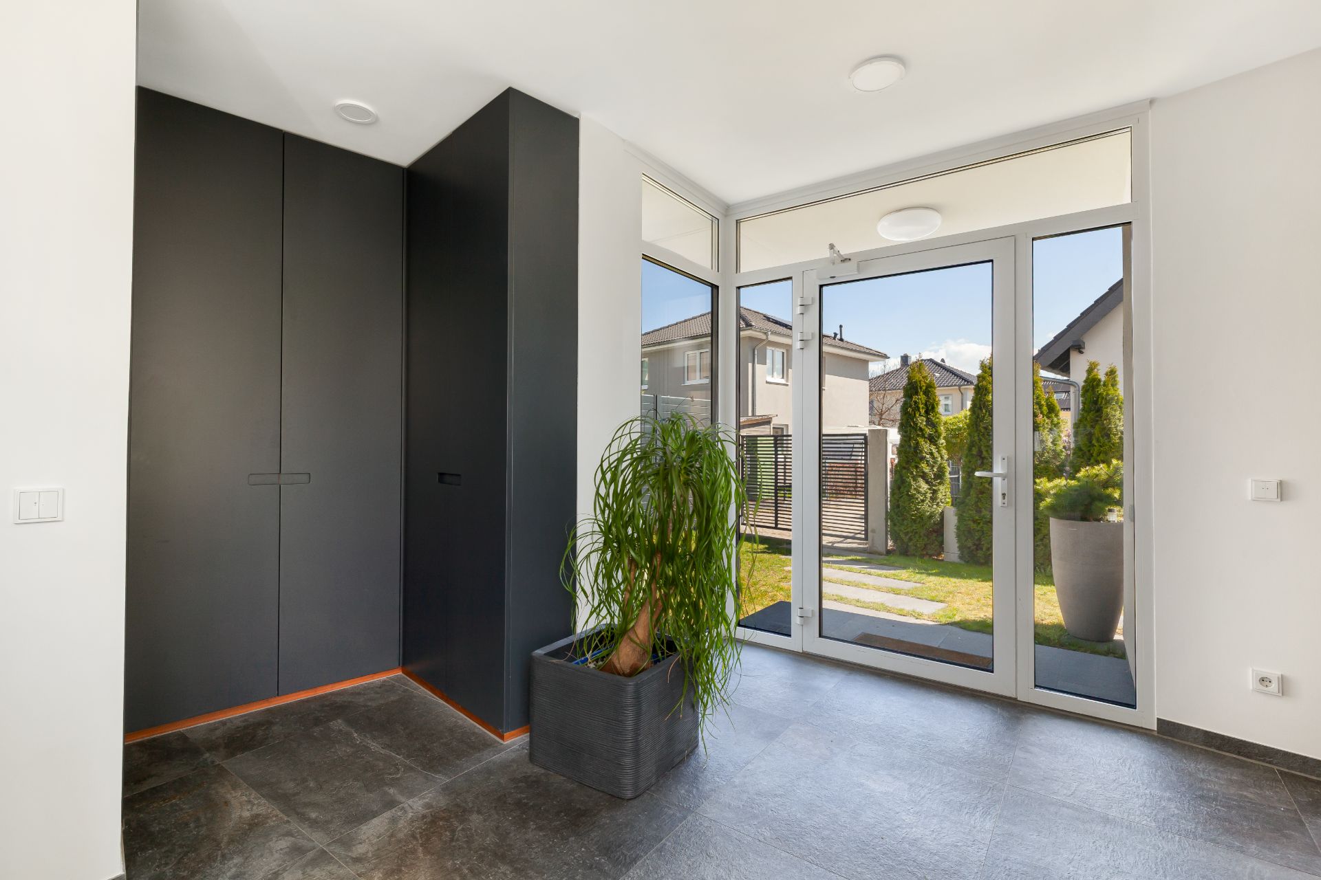 Heller Flur mit Glastür, großem Fenster, schwarzem Schrank und einer grünen Topfpflanze.