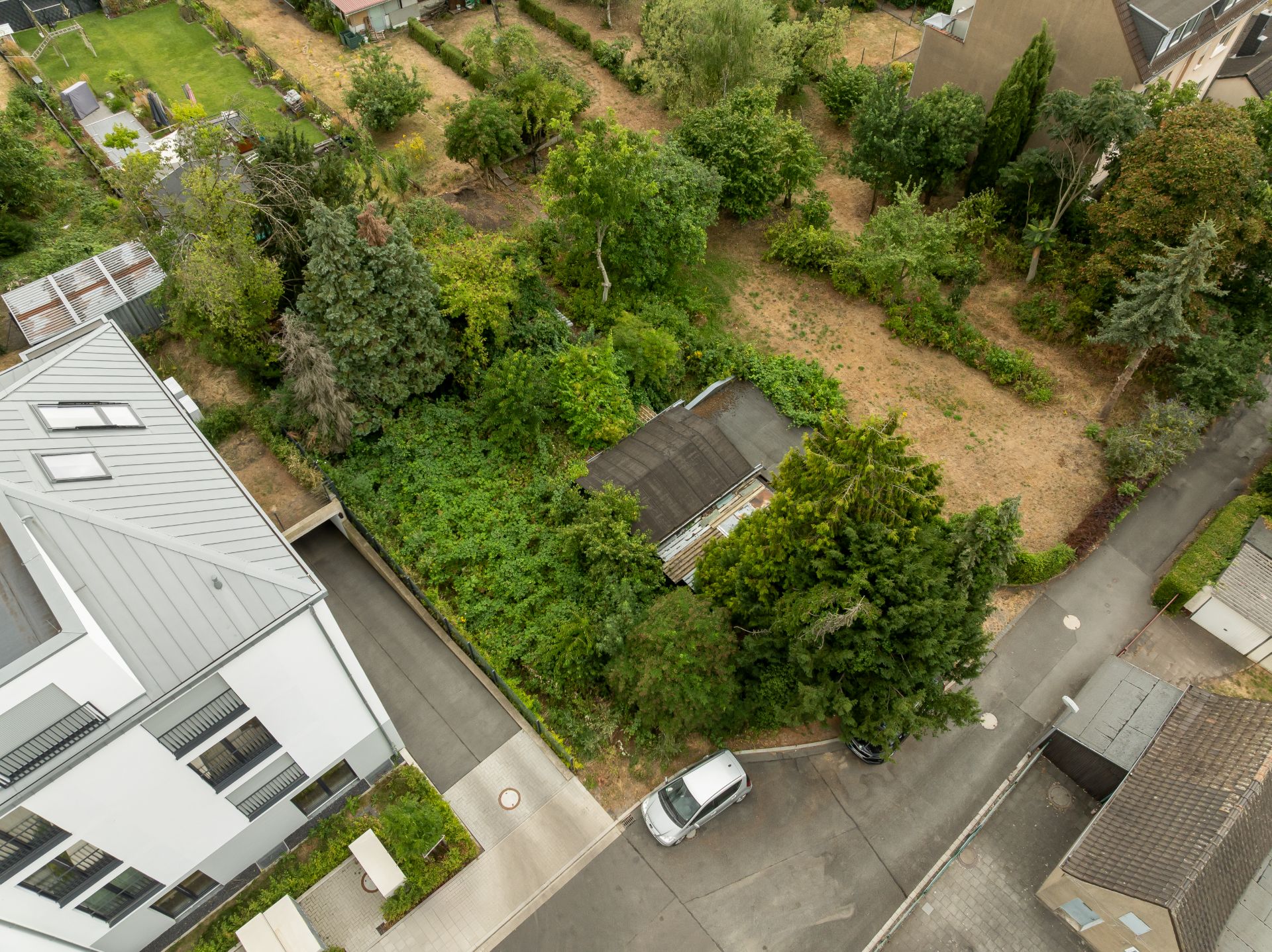 Luftaufnahme eines Gartengrundstücks mit Bäumen, angrenzend an ein Mehrfamilienhaus und eine Straße.