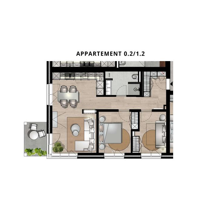 Wohnungsgrundriss mit Schlafzimmer, Wohnzimmer, Küche und Bad, beschriftet mit Wohnung 0.1/0.5.