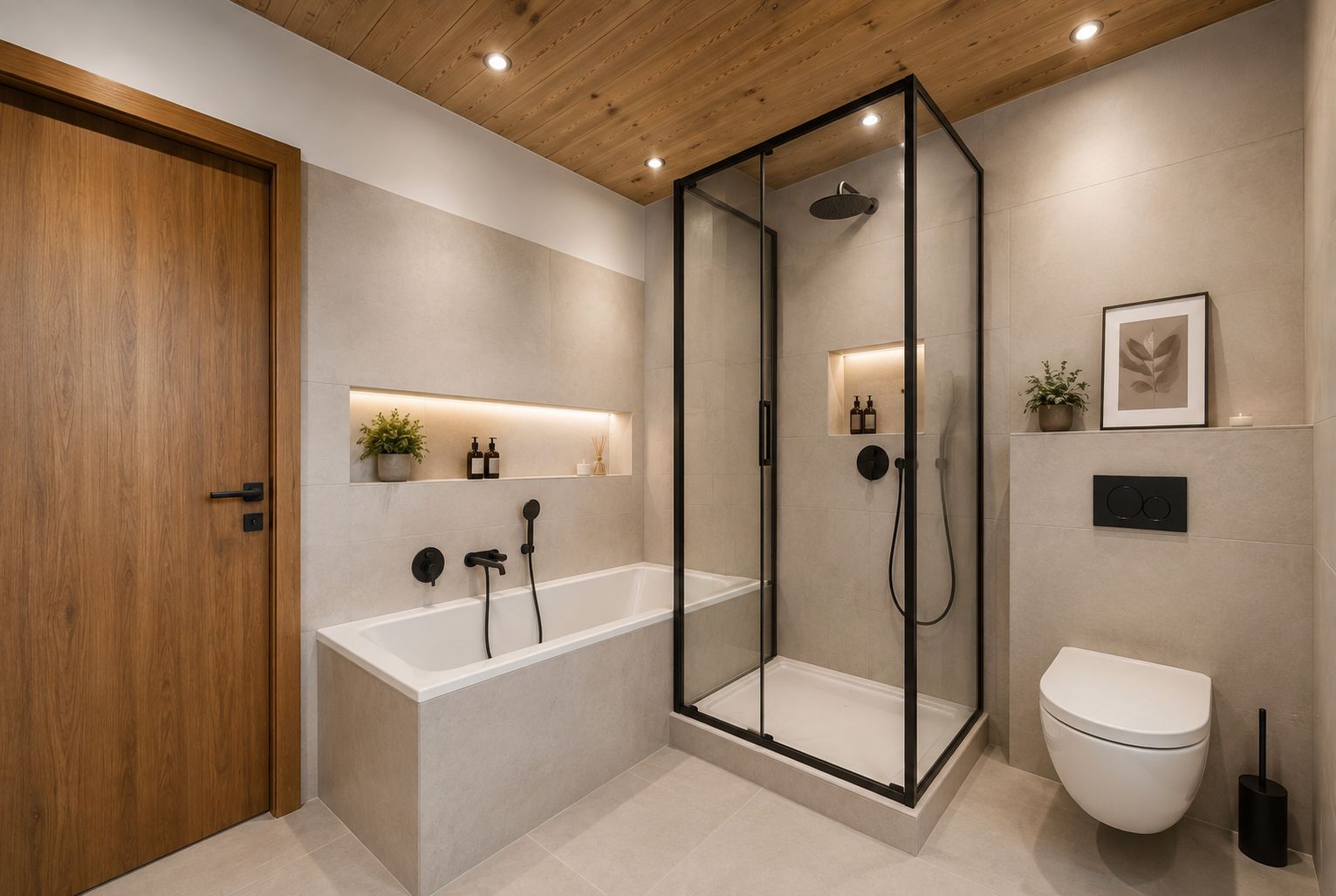 Modernes Badezimmer mit Badewanne, Dusche, WC und Holzdecke.