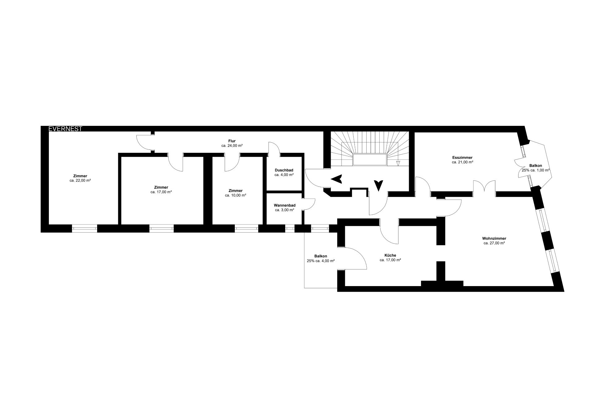 Grundriss mit mehreren Zimmern, Küche, Wohnzimmer, Bädern, Flur und zwei Balkonen.
