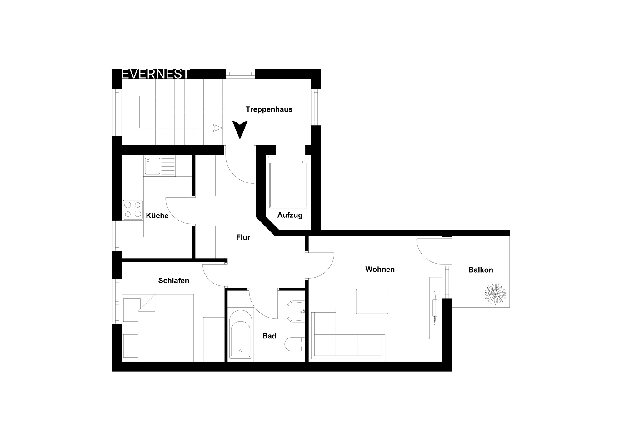 Grundriss einer Wohnung mit Küche, Schlafzimmer, Bad, Wohnzimmer und Balkon.