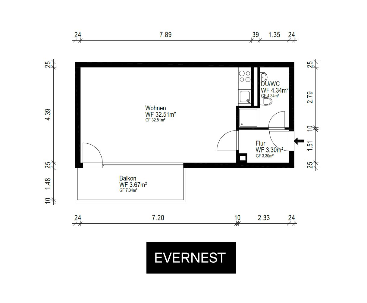 Grundriss einer Wohnung mit Wohnbereich, Flur, Bad und Balkon.
