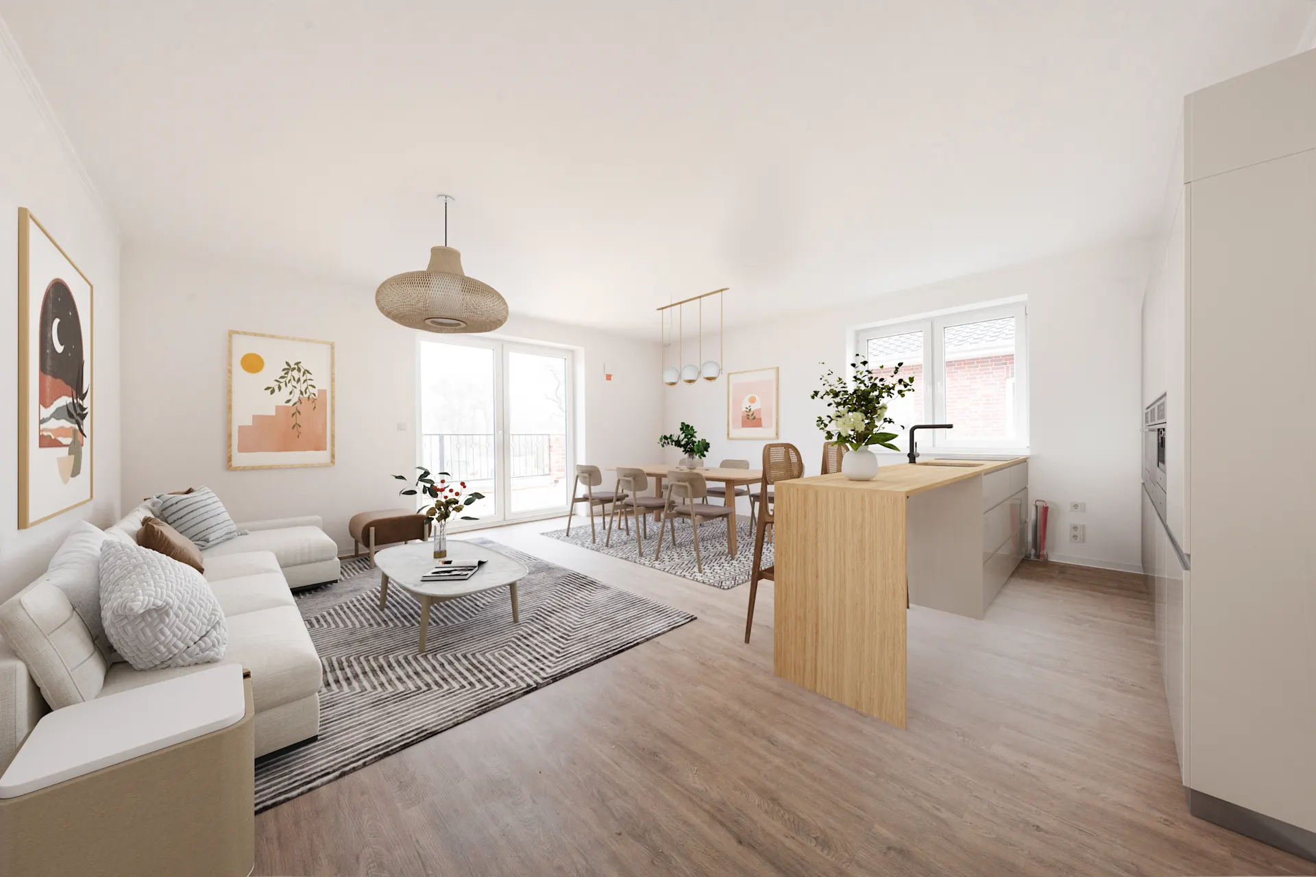 Helles Wohnzimmer mit Sofa, Couchtisch, Esstisch und offener Küche, große Fenster im Hintergrund.