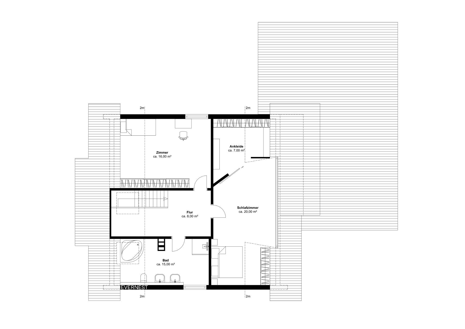 Grundriss eines Wohnbereichs mit Zimmer, Flur, Bad, Schlafzimmer und Ankleide.