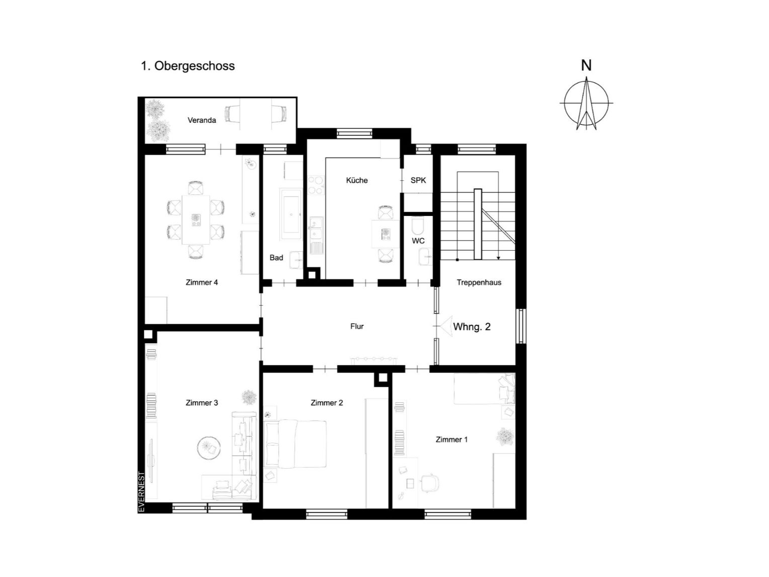 Grundriss des ersten Obergeschosses mit vier Zimmern, Küche, Bad, WC und Veranda.