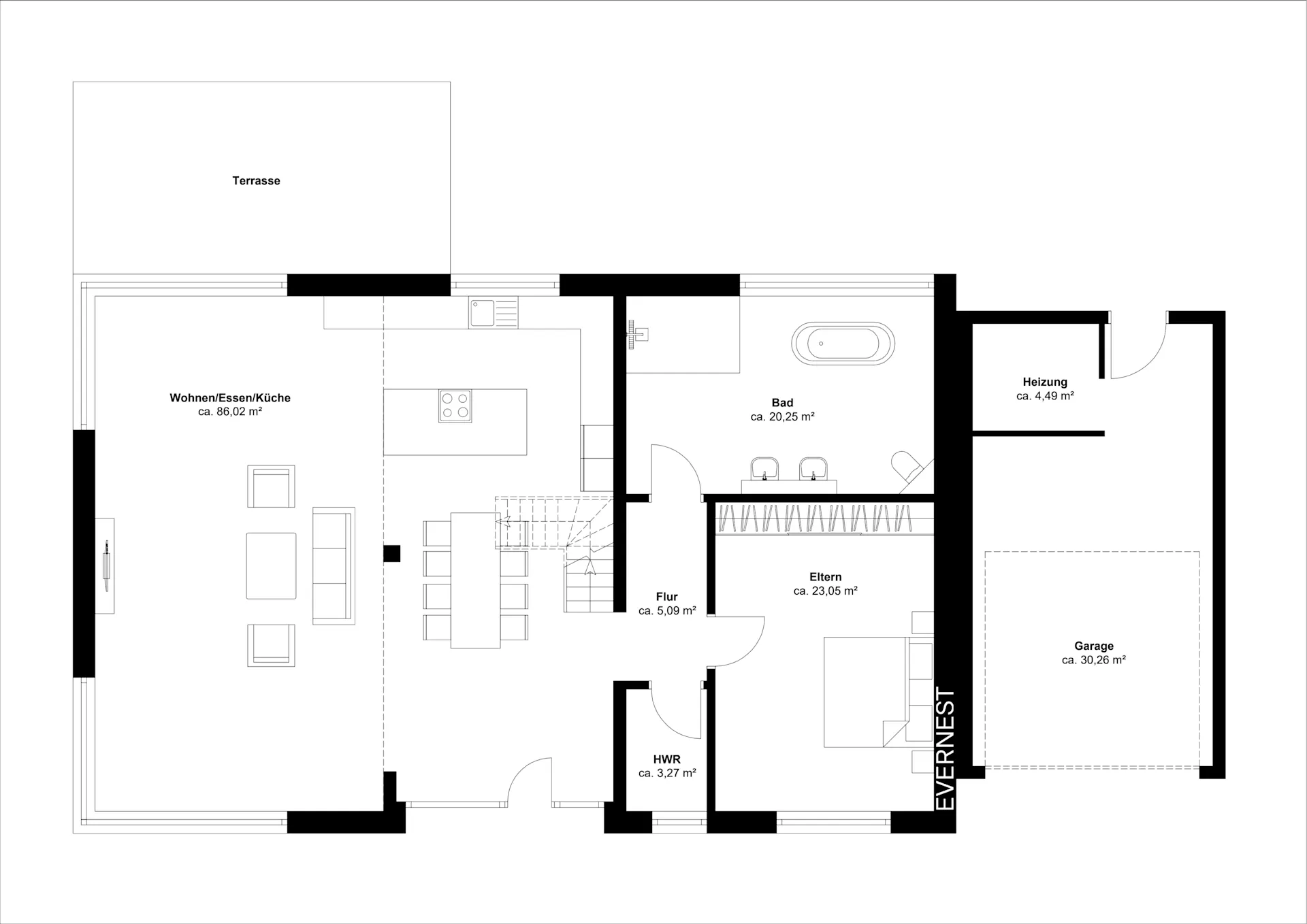 Grundriss mit Wohnzimmer, Küche, Bad, Schlafzimmer, Hauswirtschaftsraum, Heizung, Garage und Terrasse.