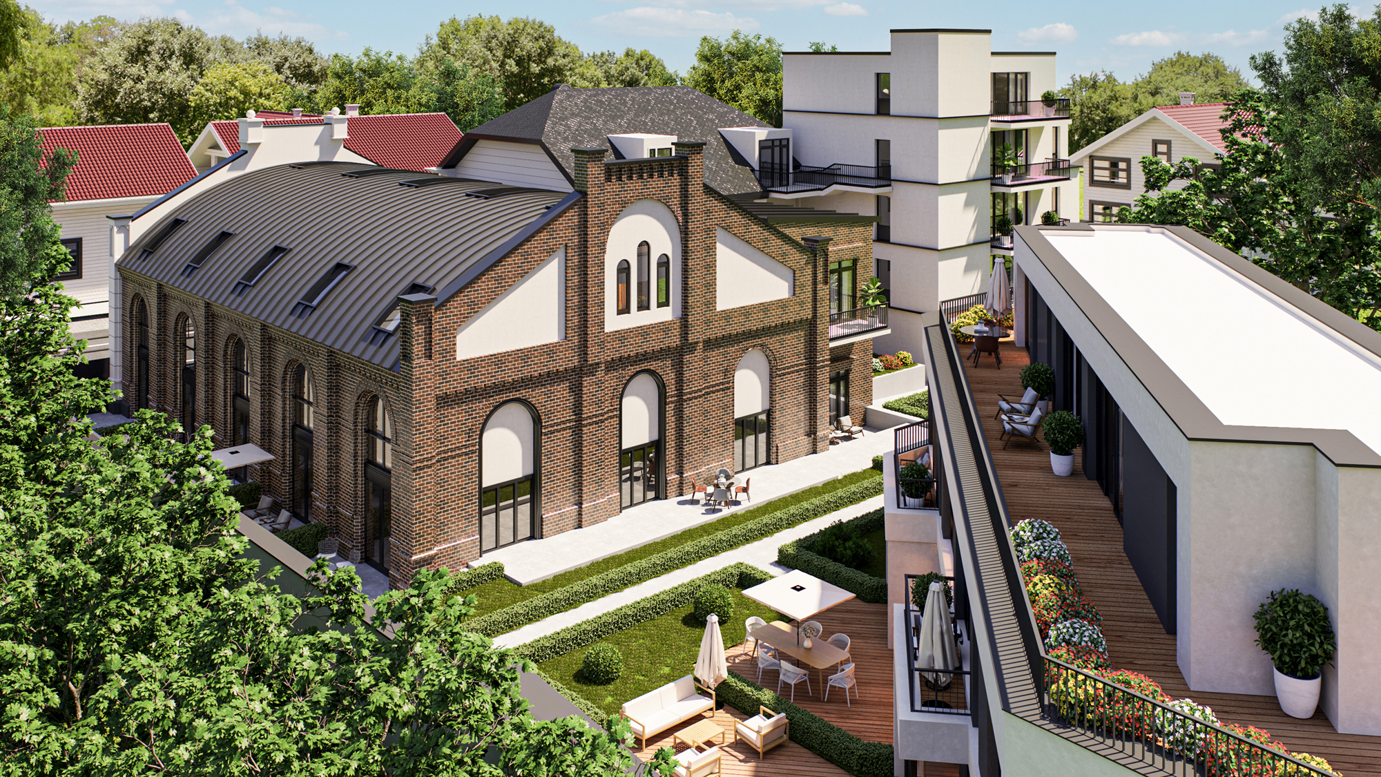 Moderne Wohngebäude mit Backsteinfassade, Balkonen, Terrassen und Gartenbereichen.