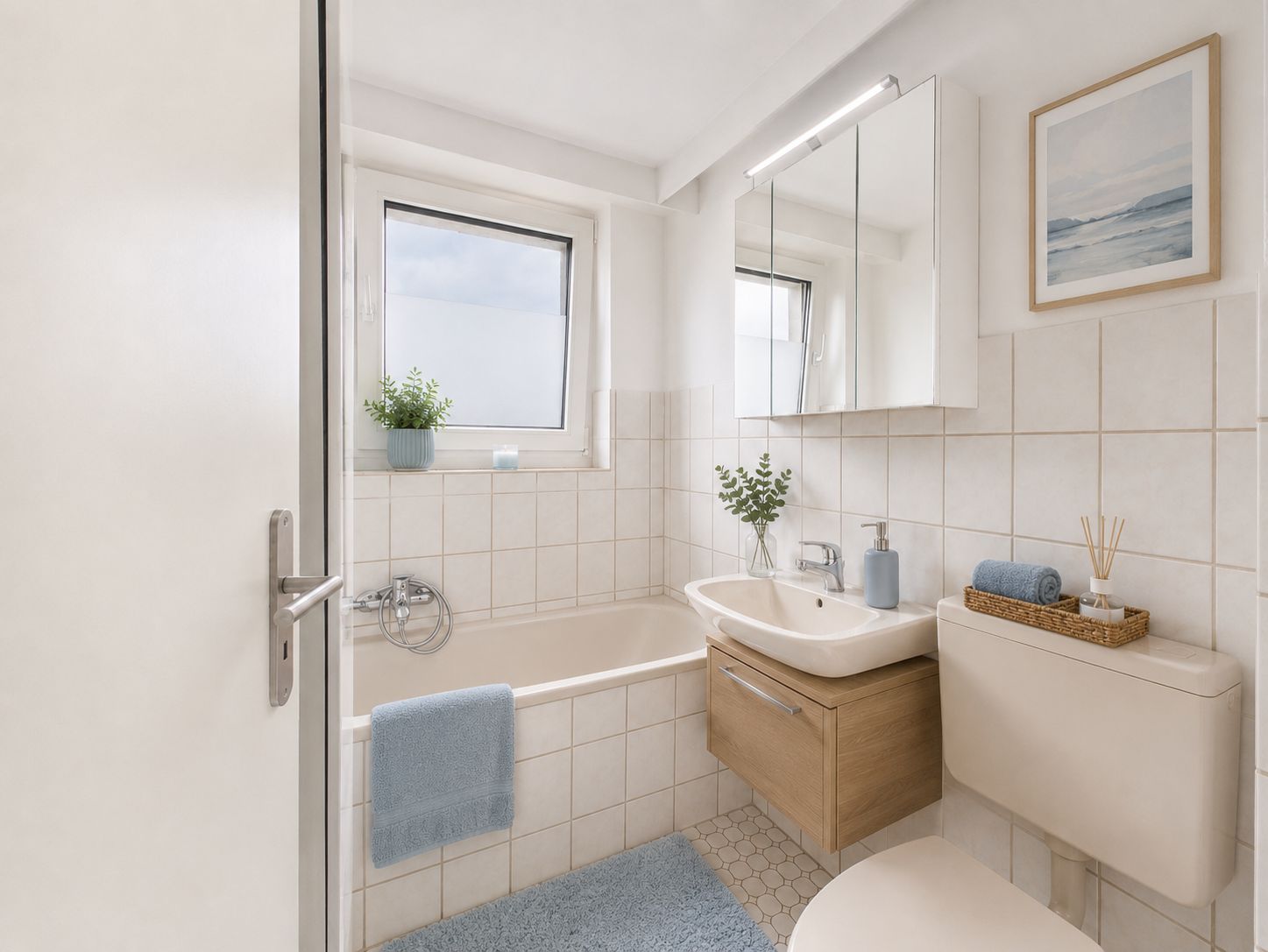 Helles Badezimmer mit Badewanne, Waschbecken, WC, Spiegel, Fenster und Dekoration.