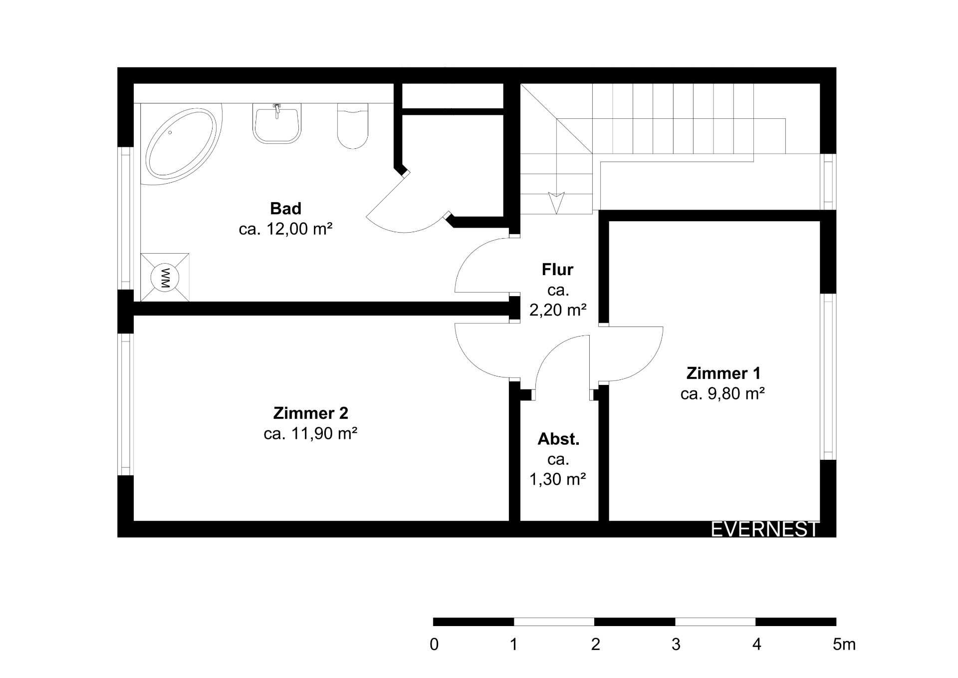 Grundriss mit zwei Zimmern, Bad, Flur und Abstellraum, Flächenangaben in Quadratmetern.