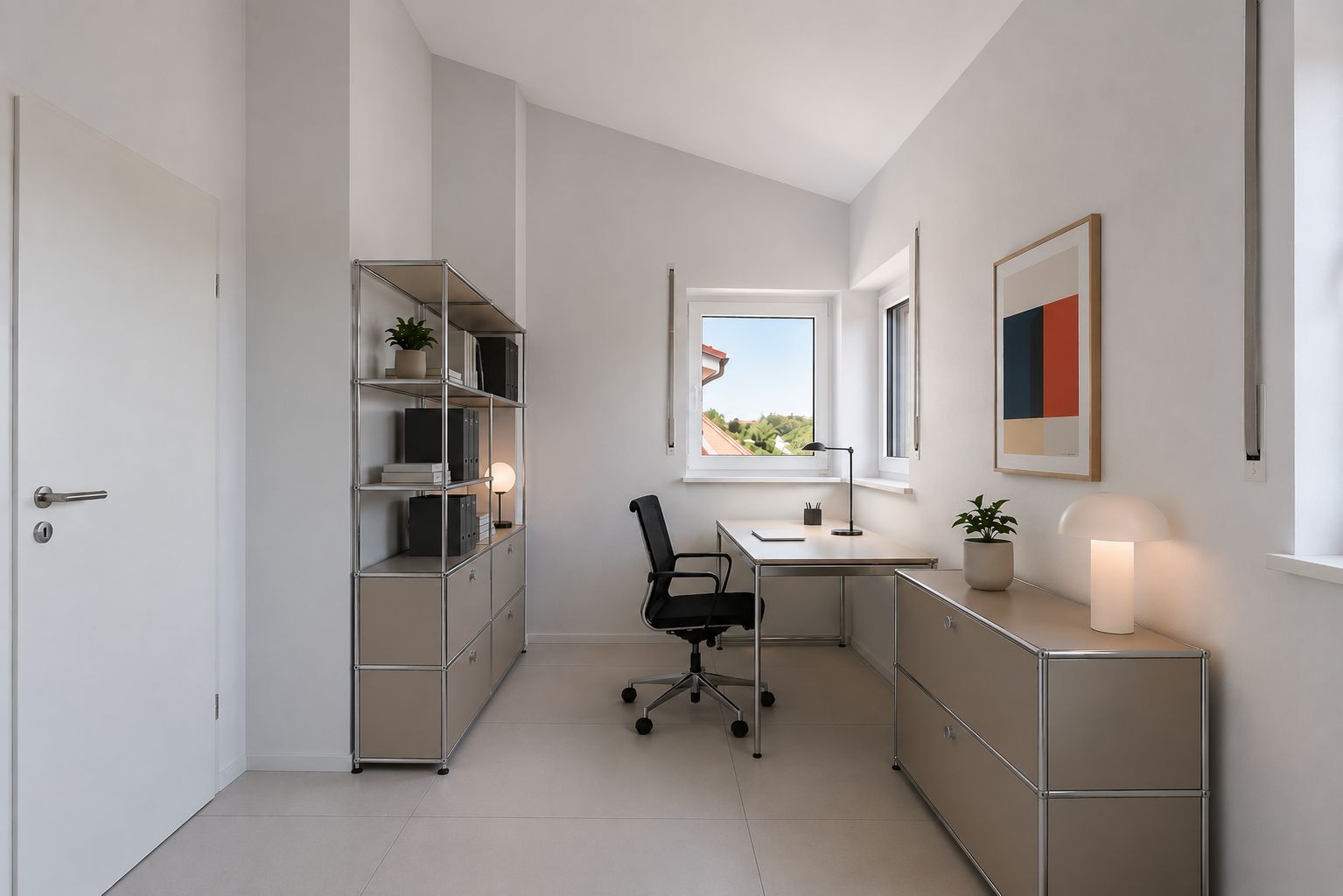 Helles, minimalistisches Arbeitszimmer mit Schreibtisch, Stuhl, Regalen und Fenster.