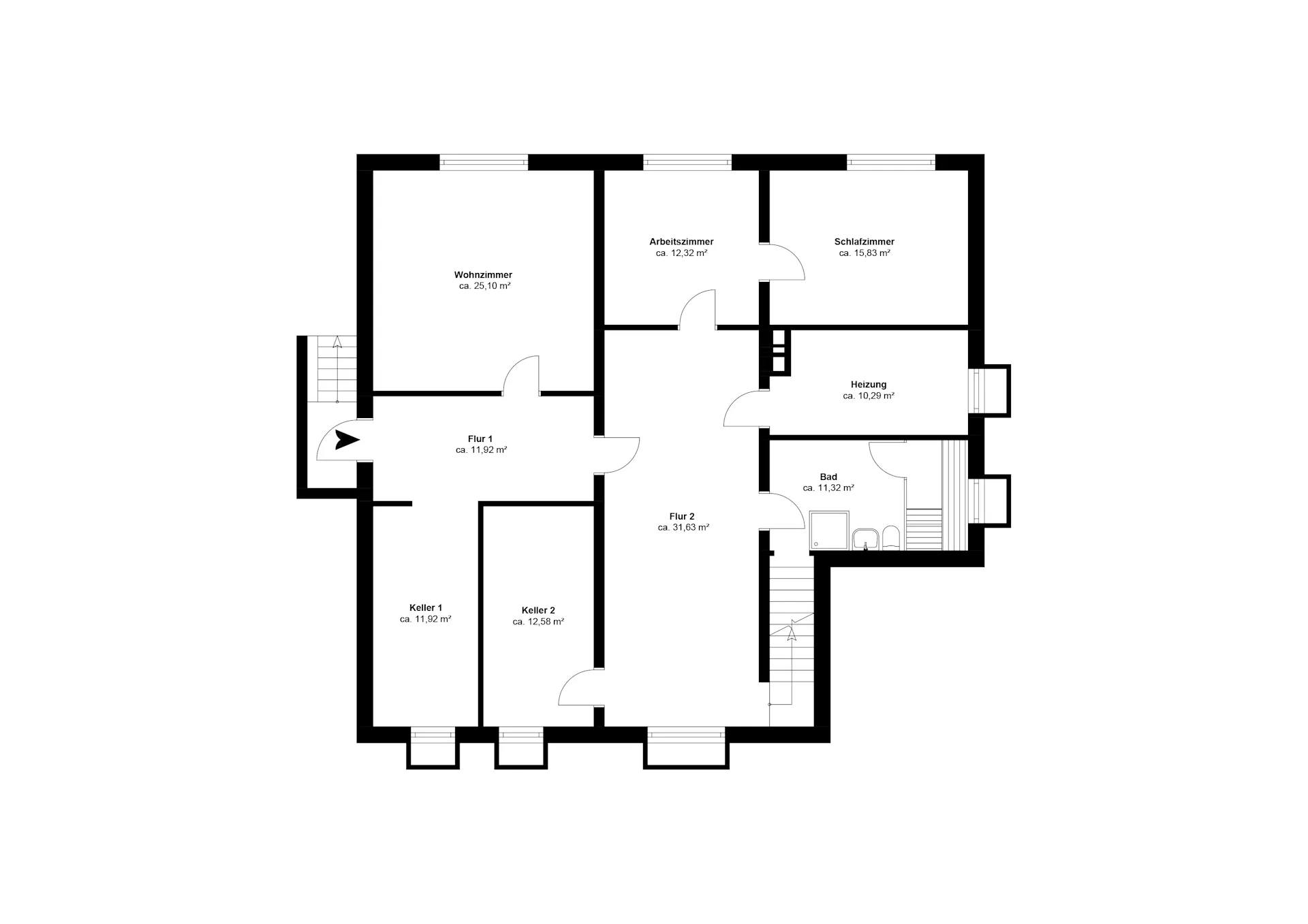 Grundriss mit Wohnzimmer, Arbeitszimmer, Schlafzimmer, Bad, Heizung, Fluren und zwei Kellerräumen.