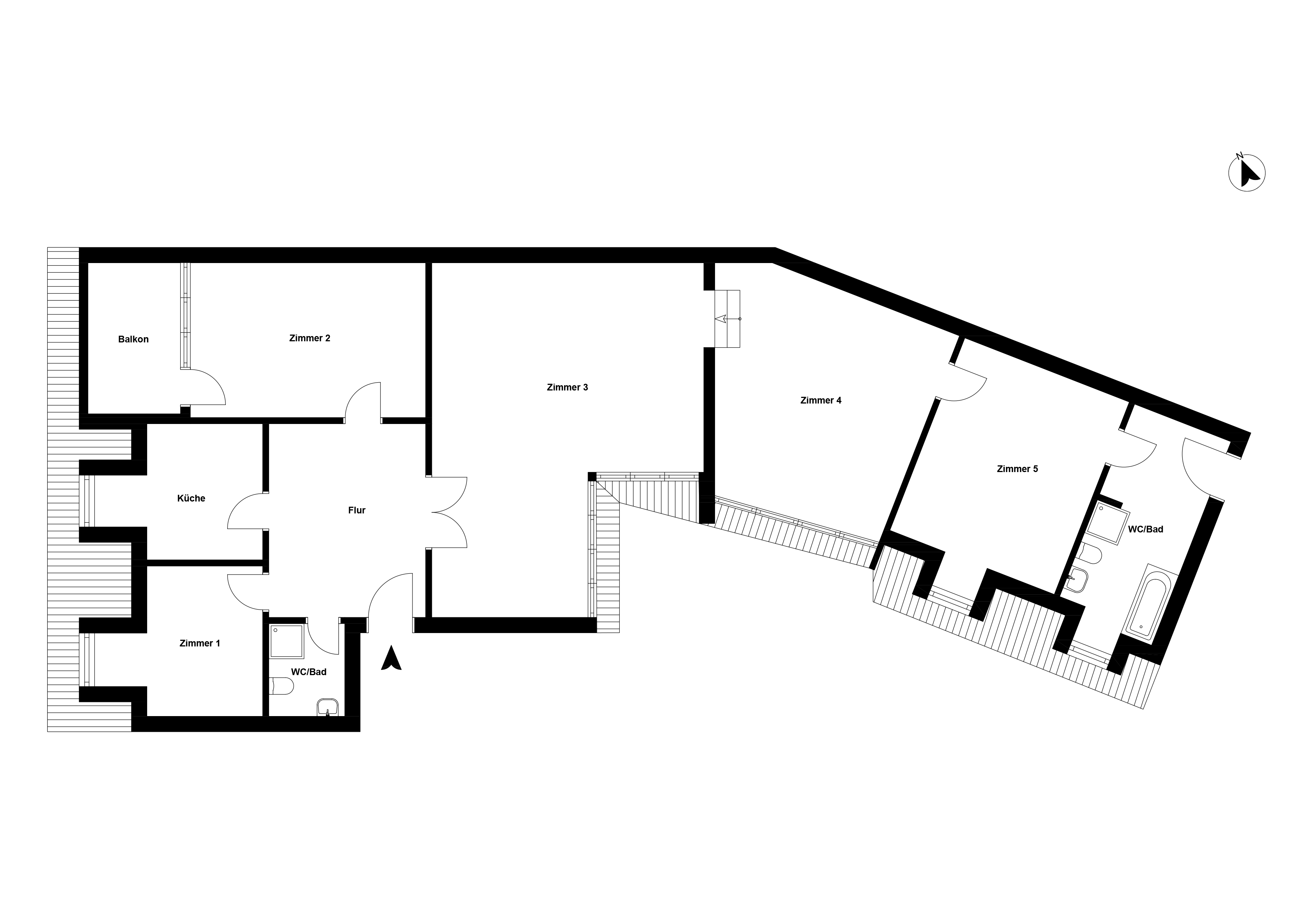 Grundriss einer Wohnung mit fünf Zimmern, zwei Bädern, Küche, Flur und Balkon.
