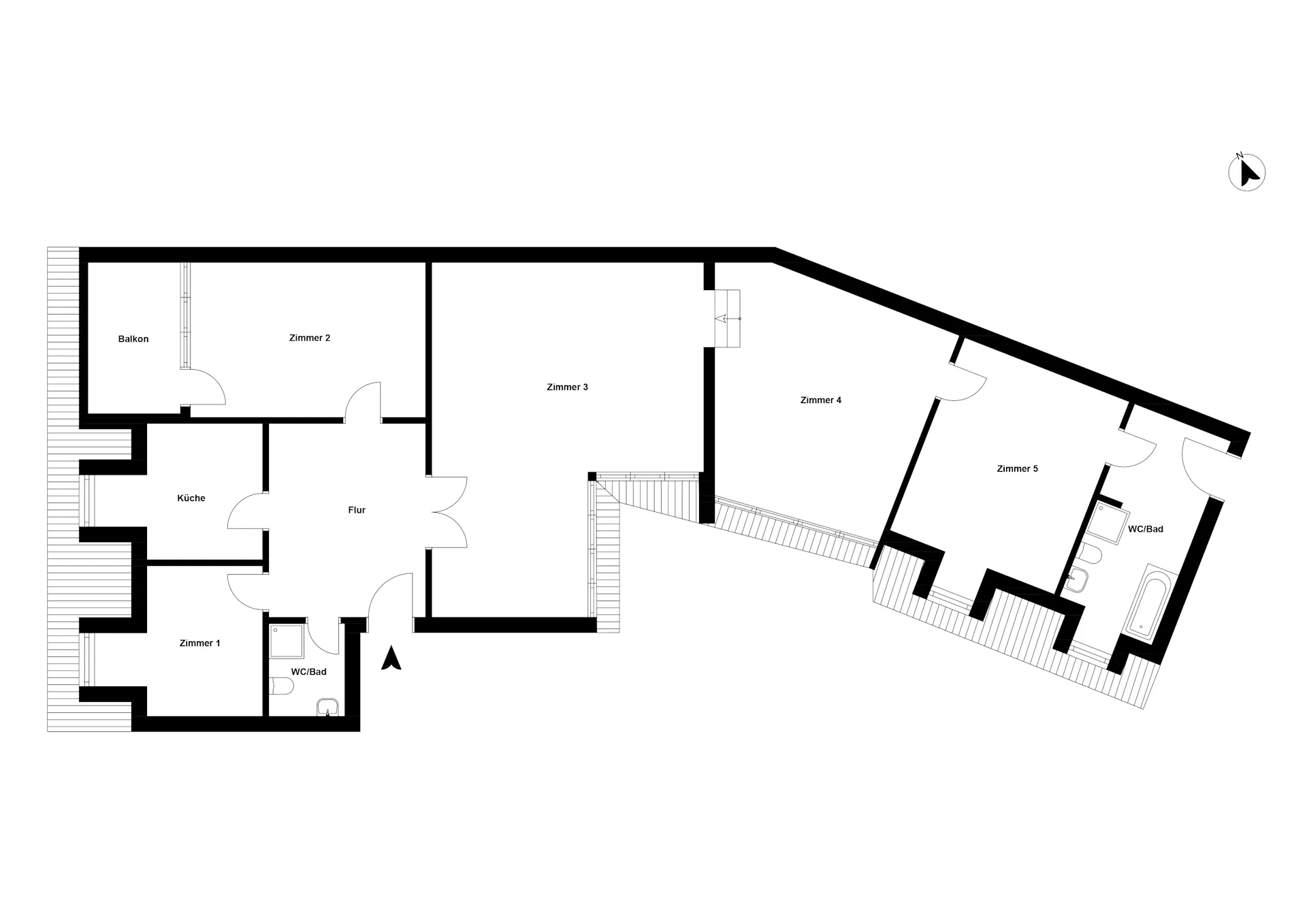 Grundriss einer Wohnung mit fünf Zimmern, zwei Bädern, Küche, Flur und Balkon.