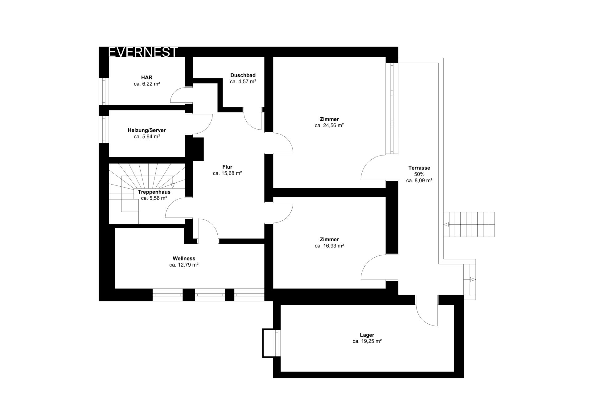 Grundriss mit Flur, zwei Zimmern, Lager, Wellnessraum, Terrasse, Duschbad und Heizungsraum.