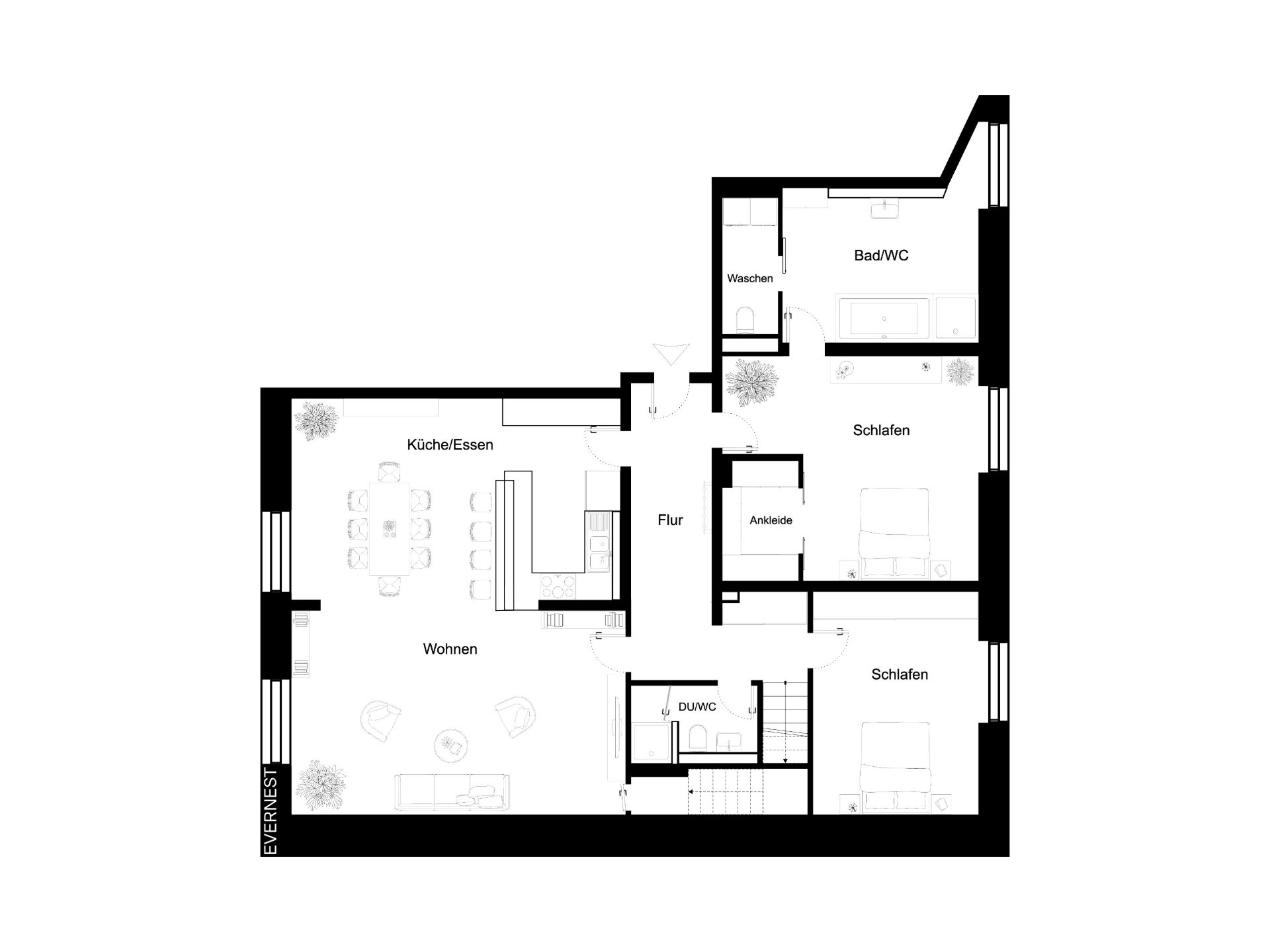 Grundriss einer Wohnung mit zwei Schlafzimmern, zwei Bädern, Küche, Wohnbereich und Flur.