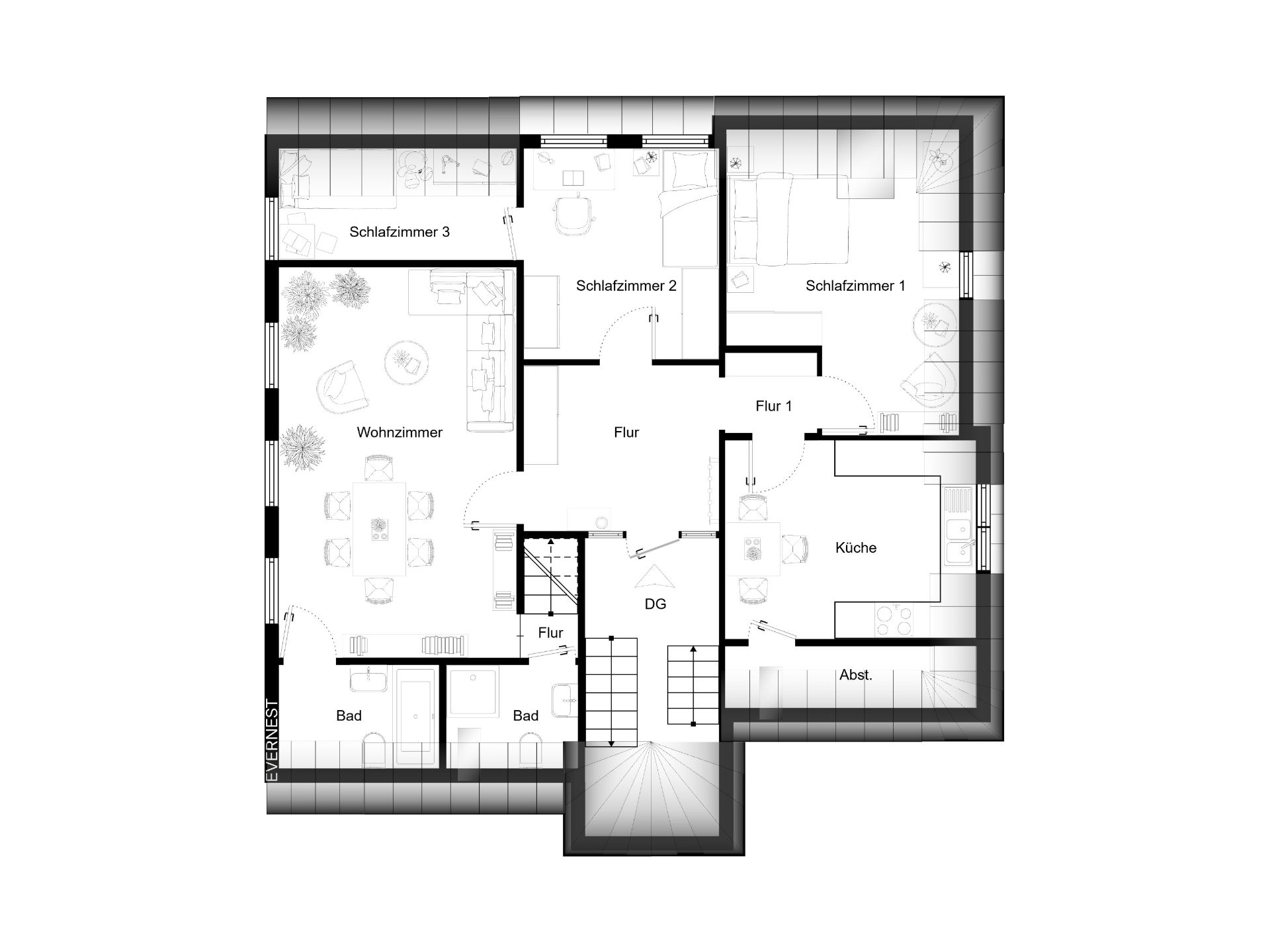 Grundriss einer Wohnung mit drei Schlafzimmern, Wohnzimmer, Küche, zwei Bädern und Abstellraum.