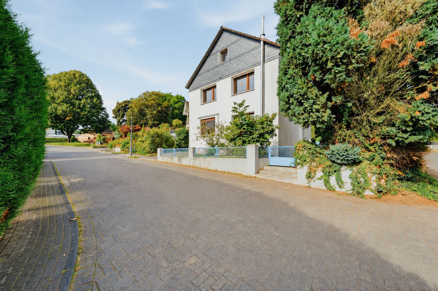 Wohnhaus an einer ruhigen Straße mit Vorgarten und großen Bäumen.