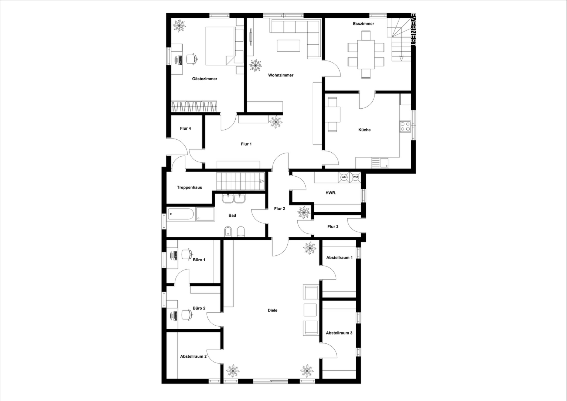 Grundriss einer Wohnung mit Wohn-, Ess-, Gästezimmer, Küche, Bad, Büros und Abstellräumen.