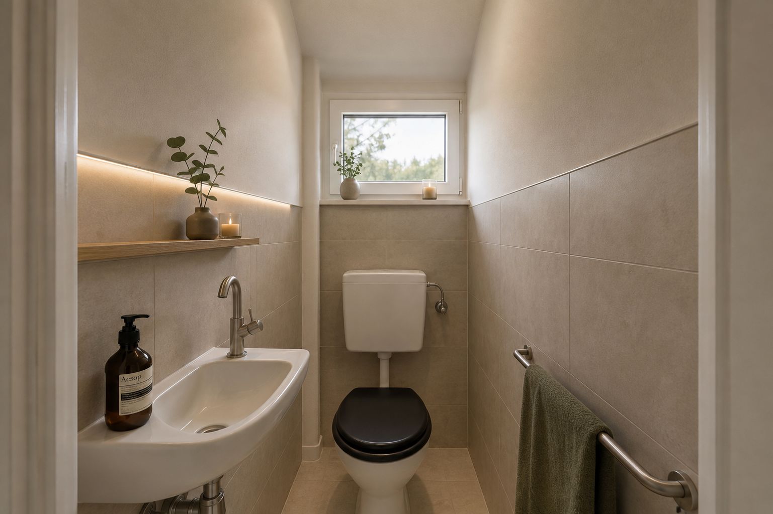 Schmales Badezimmer mit Toilette, kleinem Waschbecken, Fenster und Dekoration auf dem Regal.