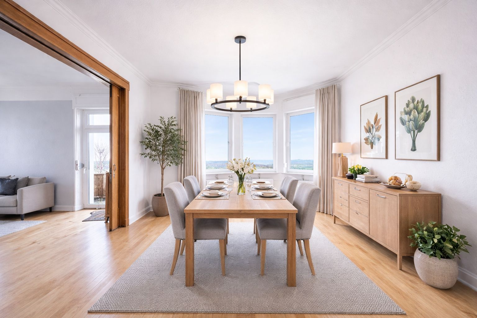 Helles Esszimmer mit Holztisch, sechs Stühlen, großem Fenster und Sideboard mit Dekoration.