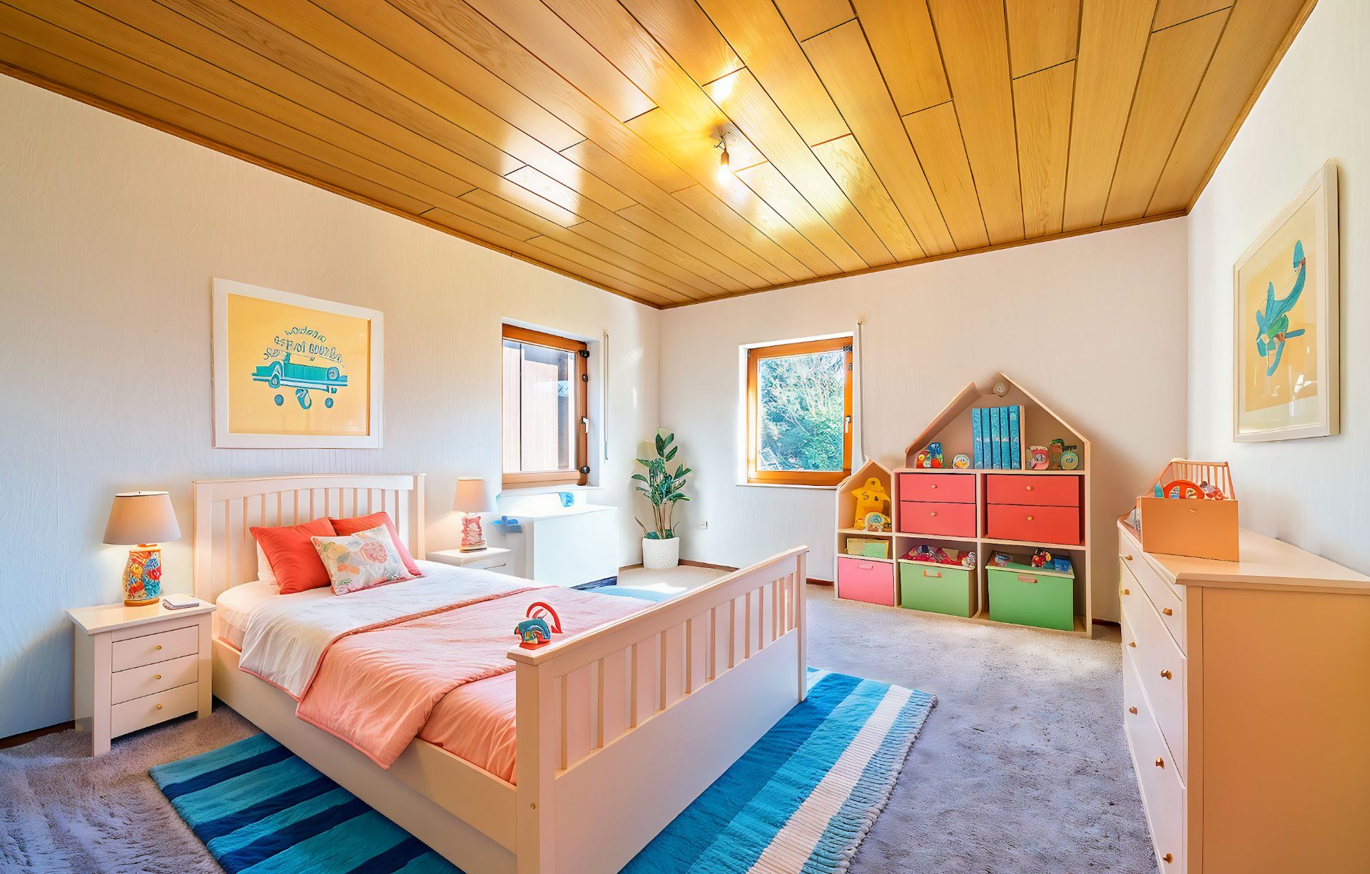 Helles Kinderzimmer mit Einzelbett, Teppich, buntem Regal und zwei Fenstern.