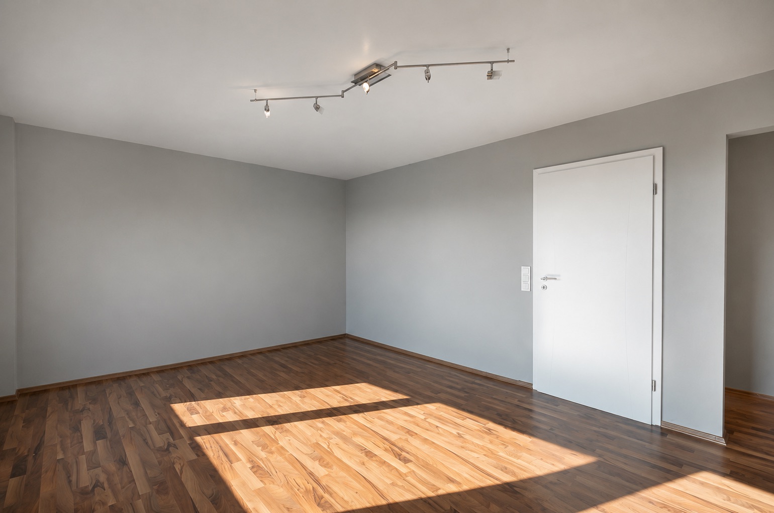 Leerer Raum mit Holzboden, grauen Wänden, weißer Tür und Deckenbeleuchtung.