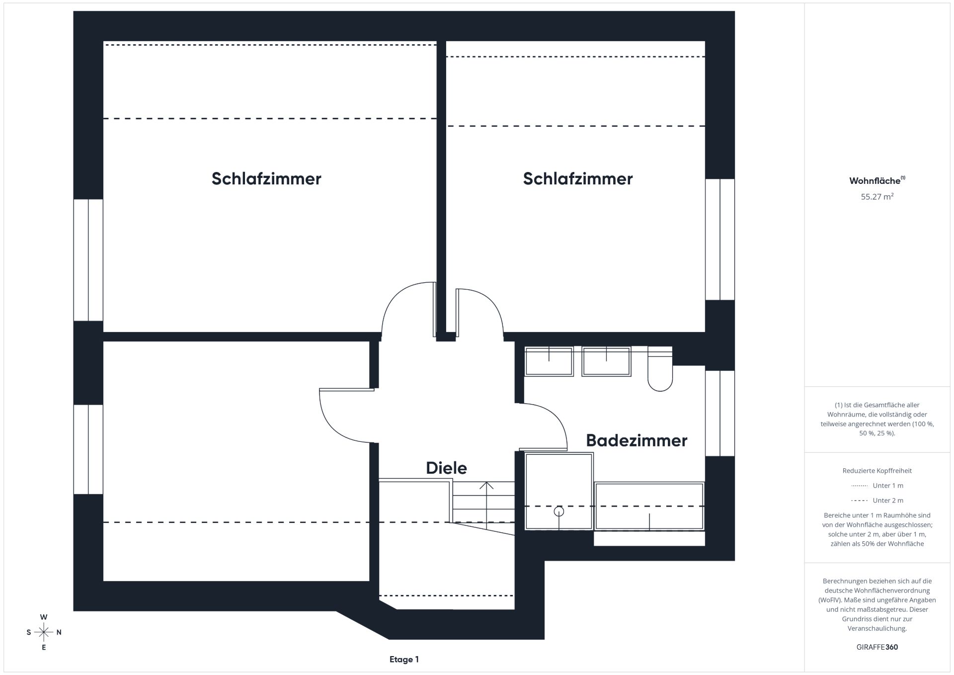 Grundriss einer Wohnung mit zwei Schlafzimmern, Diele und Badezimmer.