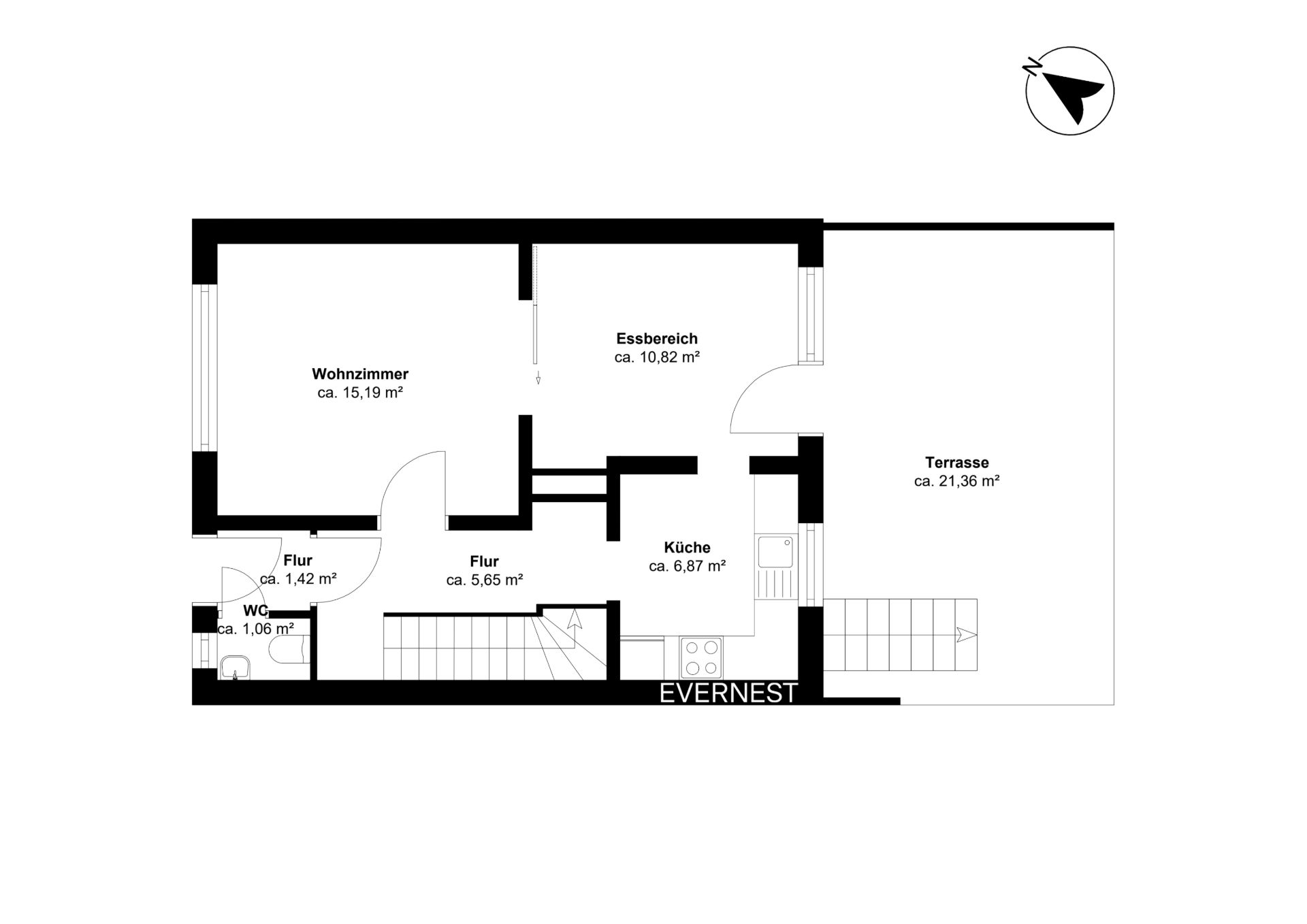 Grundriss einer Wohnung mit Wohnzimmer, Küche, Essbereich, WC, Flur und Terrasse.
