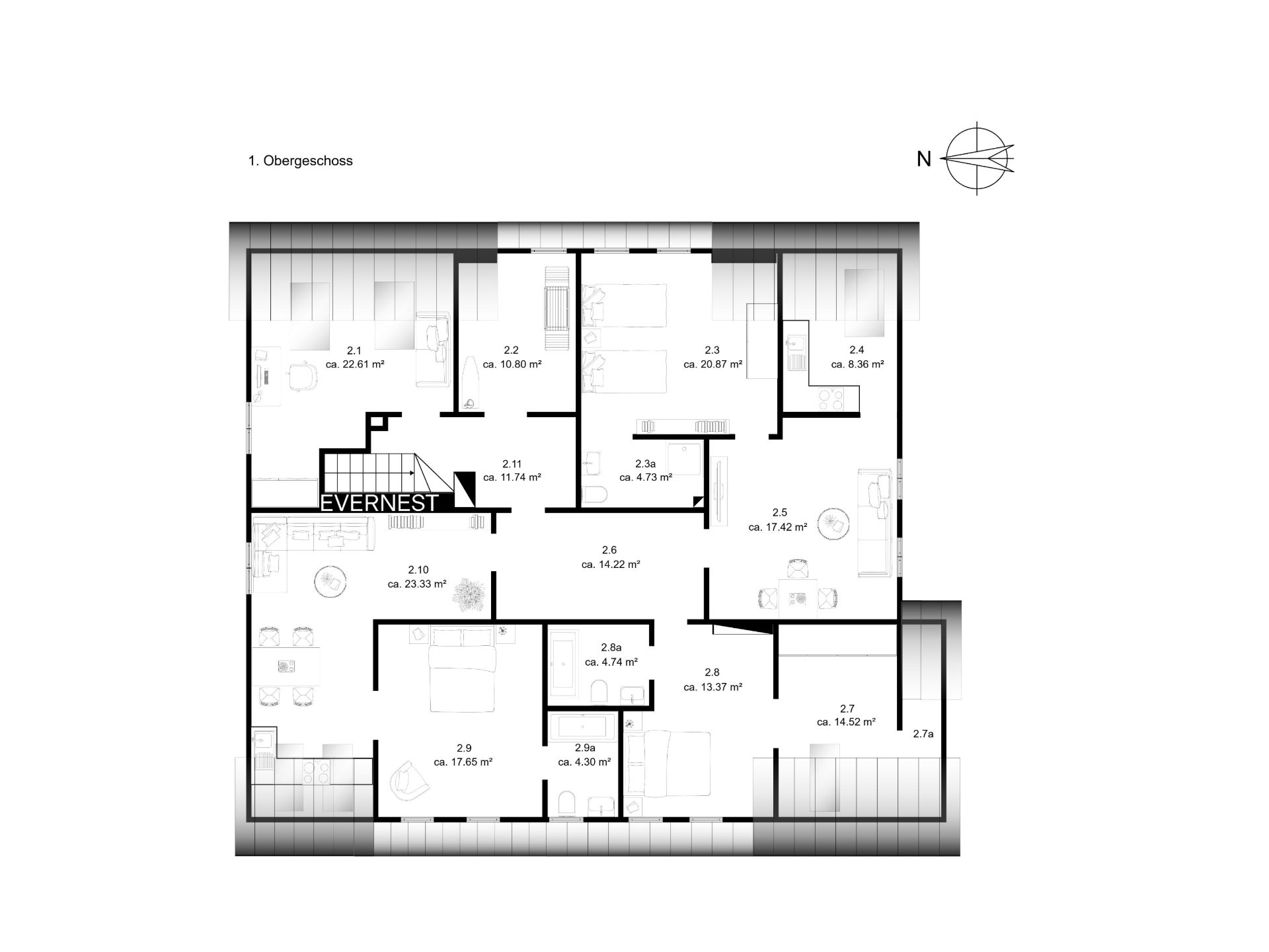 Grundriss eines Obergeschosses mit mehreren Zimmern, Flur, Treppe und Badezimmern.