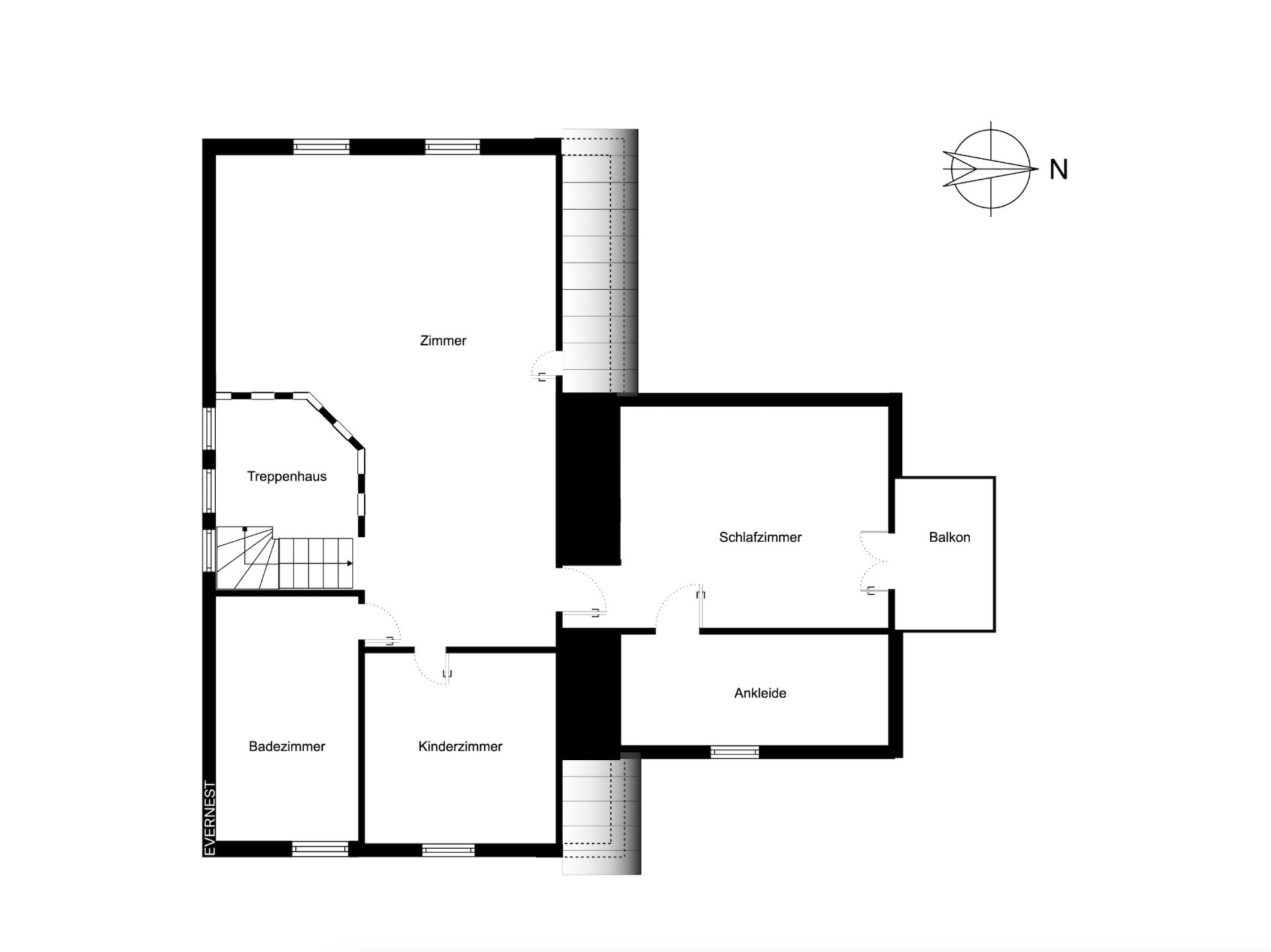 Grundriss mit Zimmer, Schlafzimmer, Bad, Kinderzimmer, Ankleide, Treppenhaus und Balkon.