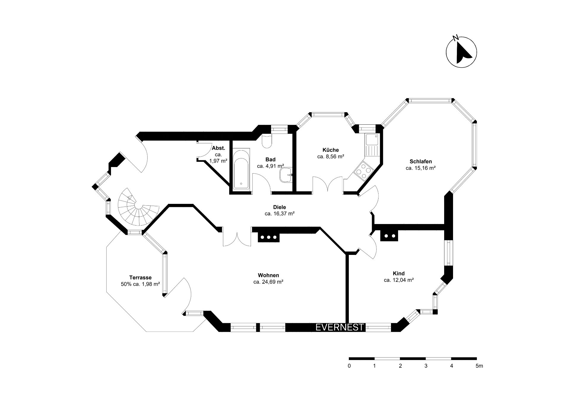 Grundriss einer Wohnung mit Küche, Bad, Schlafzimmer, Kinderzimmer, Wohnzimmer und Terrasse.