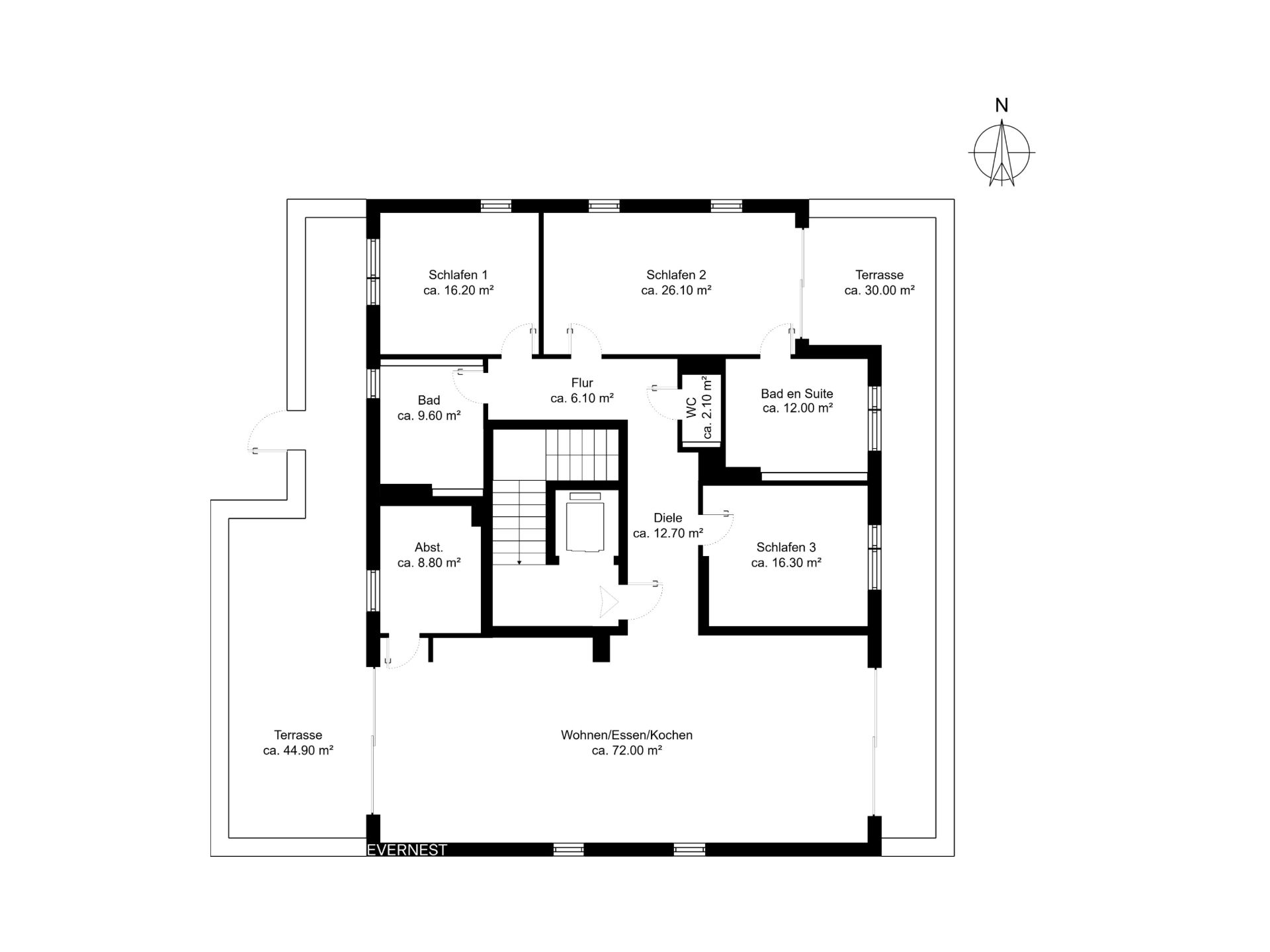 Grundriss einer Wohnung mit drei Schlafzimmern, zwei Bädern, Abstellraum, großem Wohnbereich und zwei Terrassen.