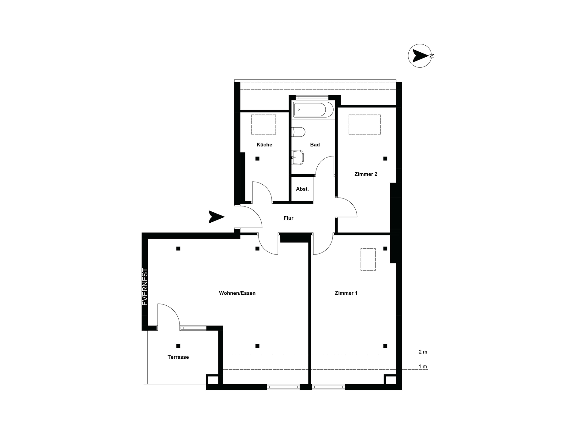 Grundriss einer Wohnung mit zwei Zimmern, Küche, Bad, Abstellraum, Wohn-Essbereich und Terrasse.