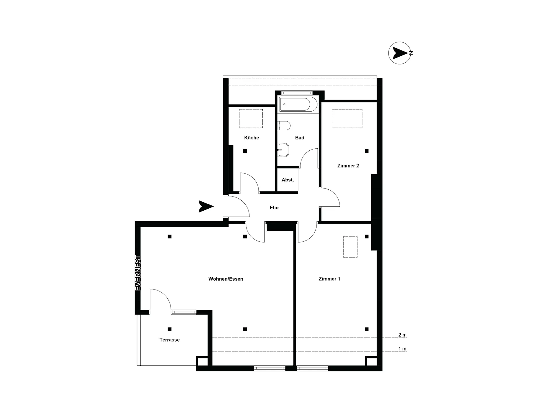 Grundriss einer Wohnung mit zwei Zimmern, Küche, Bad, Abstellraum, Wohn-Essbereich und Terrasse.