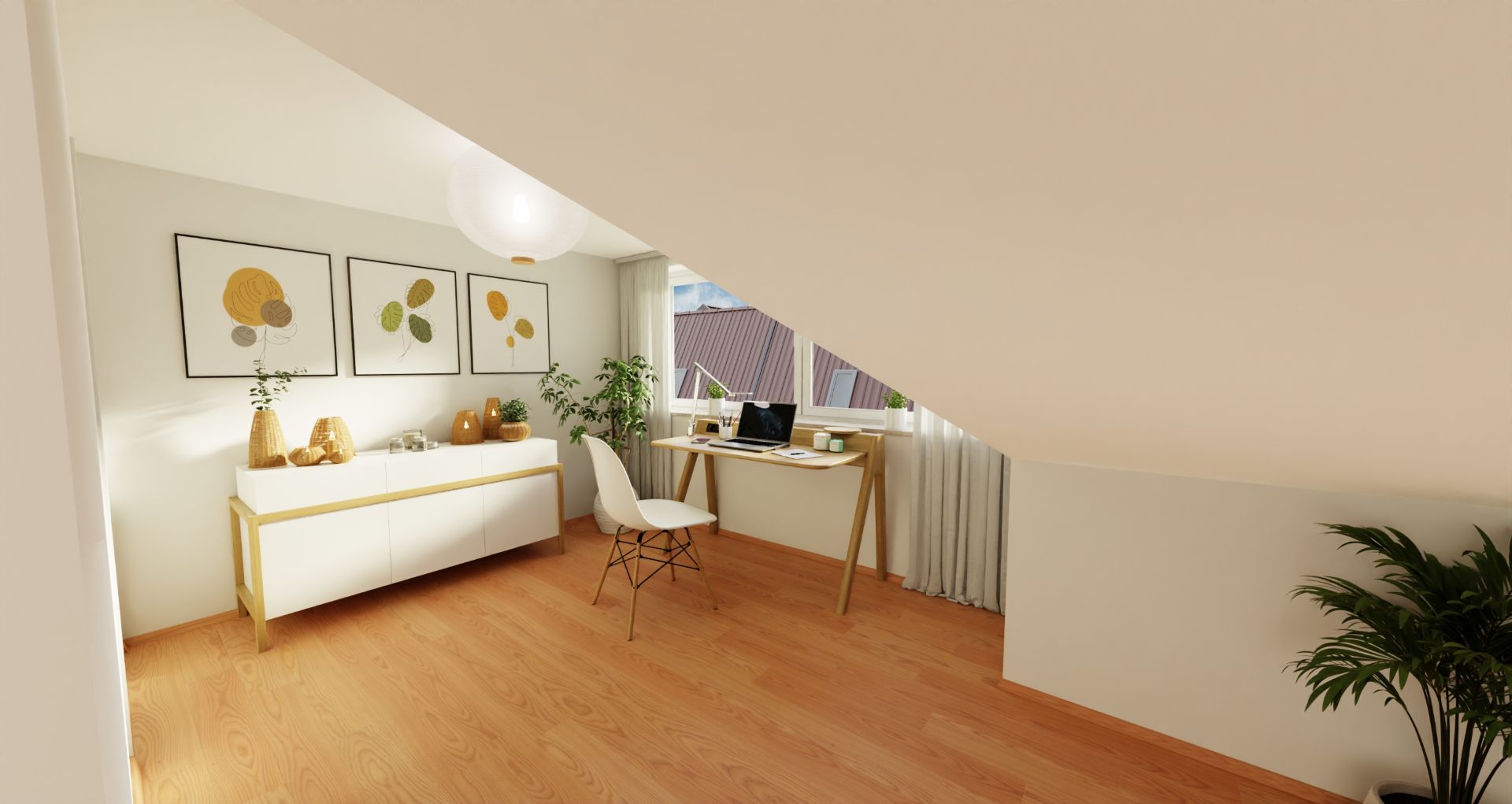 Helles Zimmer mit Schreibtisch am Fenster, Sideboard, Stuhl und Pflanzen unter einer Dachschräge.