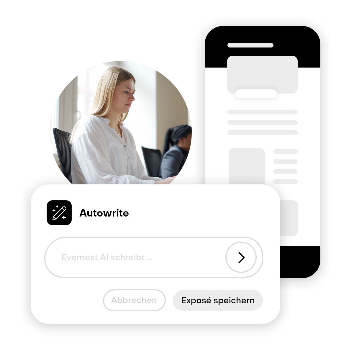 Junge Frau arbeitet am Schreibtisch, daneben ist eine Smartphone-Illustration und ein Interface mit Textfeldern.