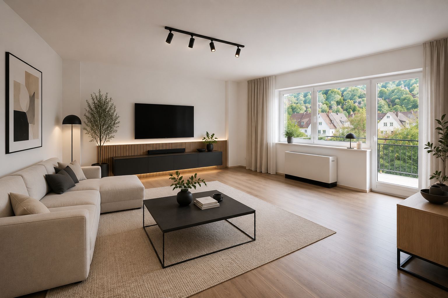 Helles Wohnzimmer mit Sofa, Couchtisch, großem Fenster und Blick auf grüne Hügel.