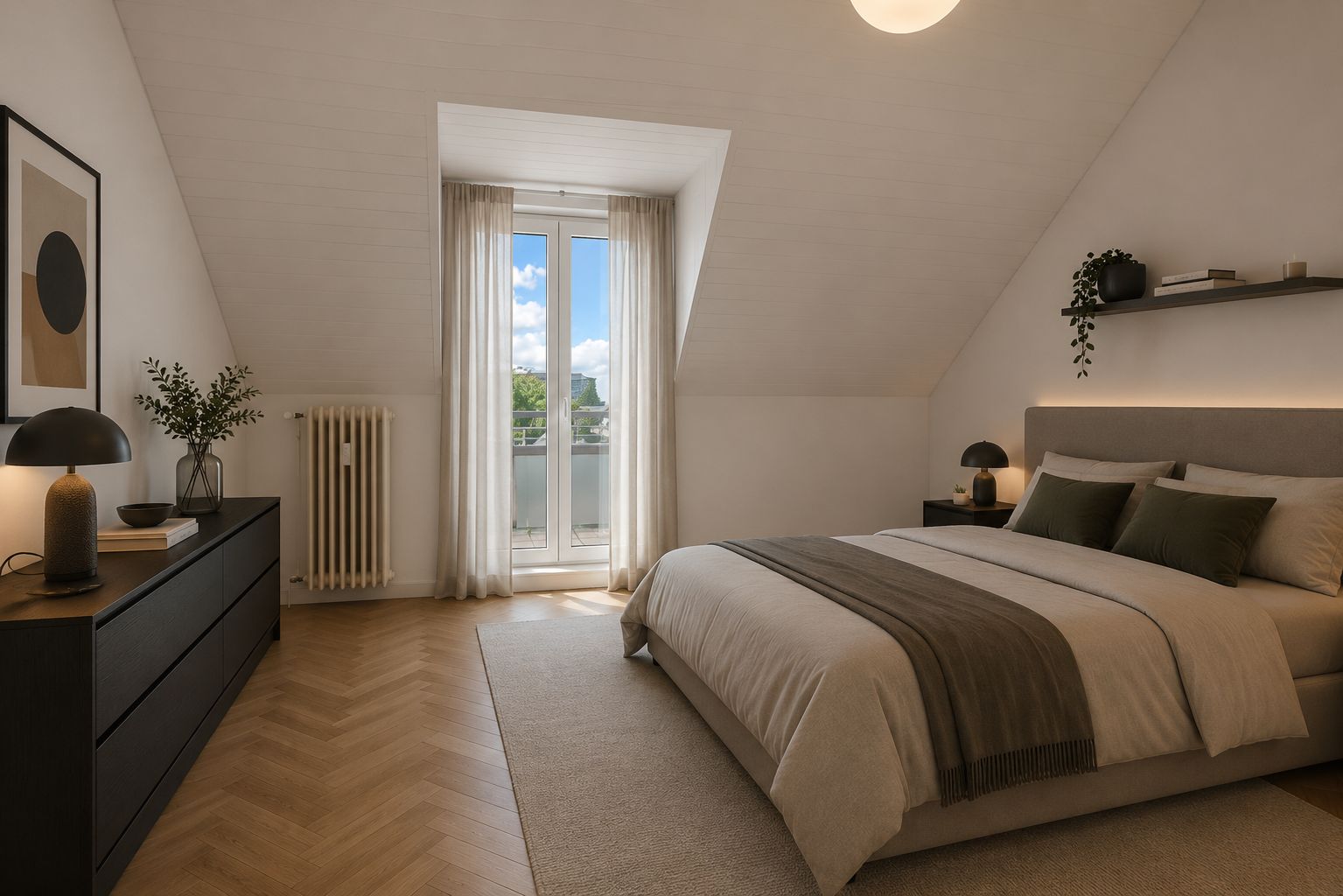Modernes Schlafzimmer mit Doppelbett, Kommode, Nachttischen und großem Fenster mit Vorhängen.