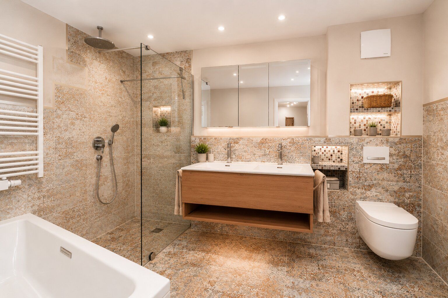Modernes Badezimmer mit Dusche, Badewanne, Doppelwaschbecken und Wandtoilette.