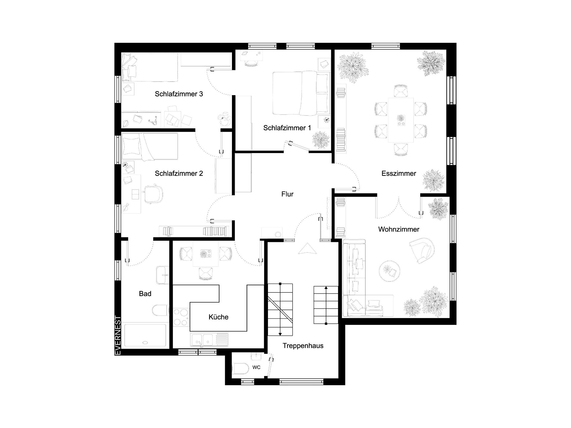 Grundriss einer Wohnung mit drei Schlafzimmern, Küche, Bad, Esszimmer und Wohnzimmer.