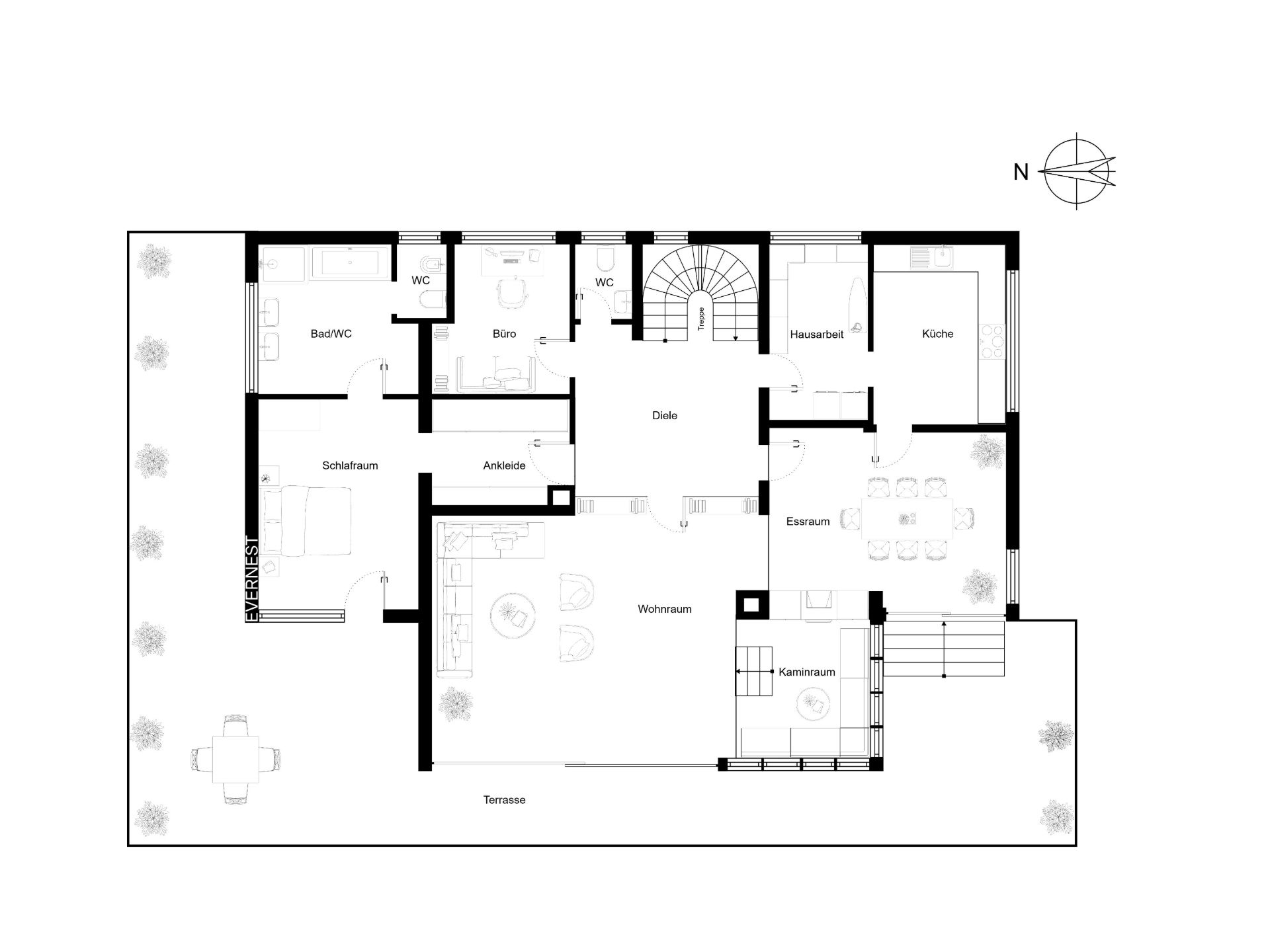 Grundriss eines Hauses mit Wohnraum, Schlafzimmer, Küche, Büro und Terrasse.