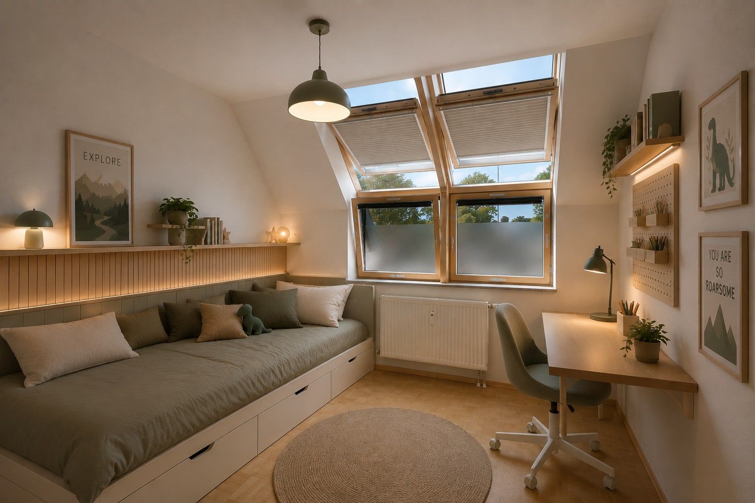 Helles Schlafzimmer mit großem Bett, Schreibtisch, Stuhl und Dachfenstern, dekoriert mit Pflanzen und Bildern.