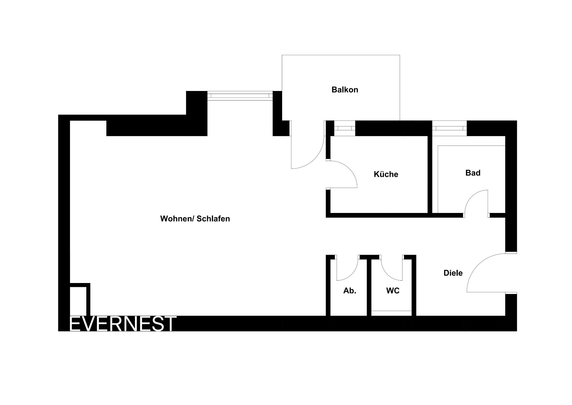 Grundriss mit Wohn-/Schlafraum, Küche, Bad, WC, Abstellraum, Diele und Balkon.