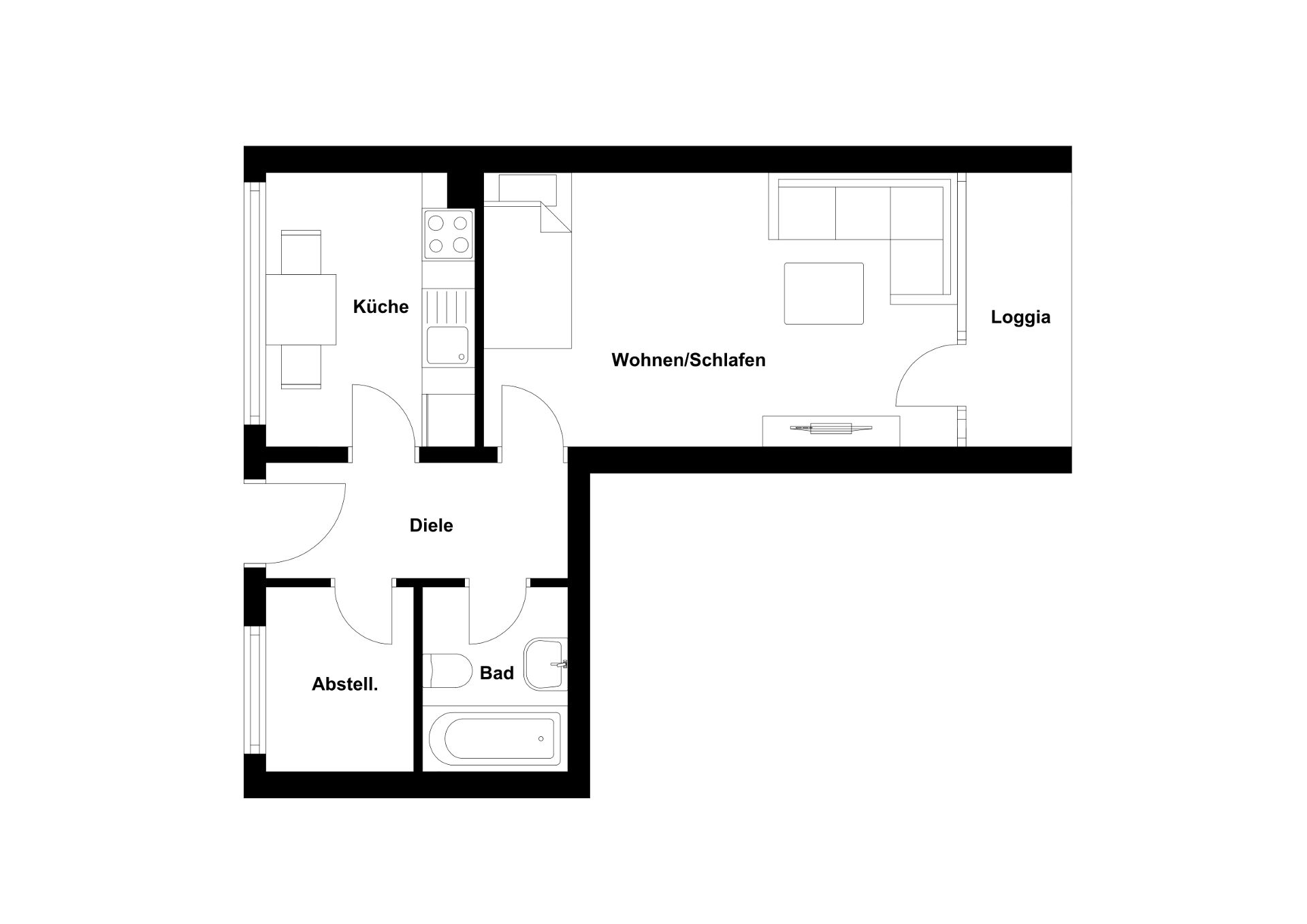 Grundriss einer Wohnung mit Küche, Bad, Abstellraum, Diele, Wohn-/Schlafraum und Loggia.