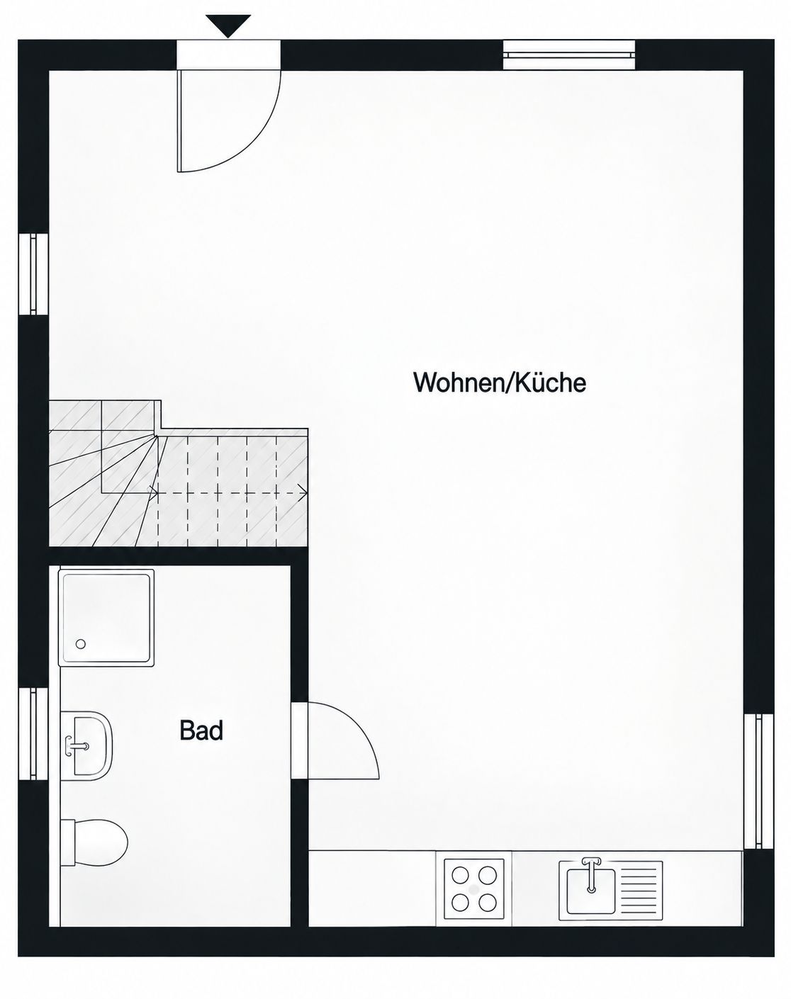 Grundriss mit Wohnküche, Bad und Treppe, Küchengeräte unten rechts eingezeichnet.