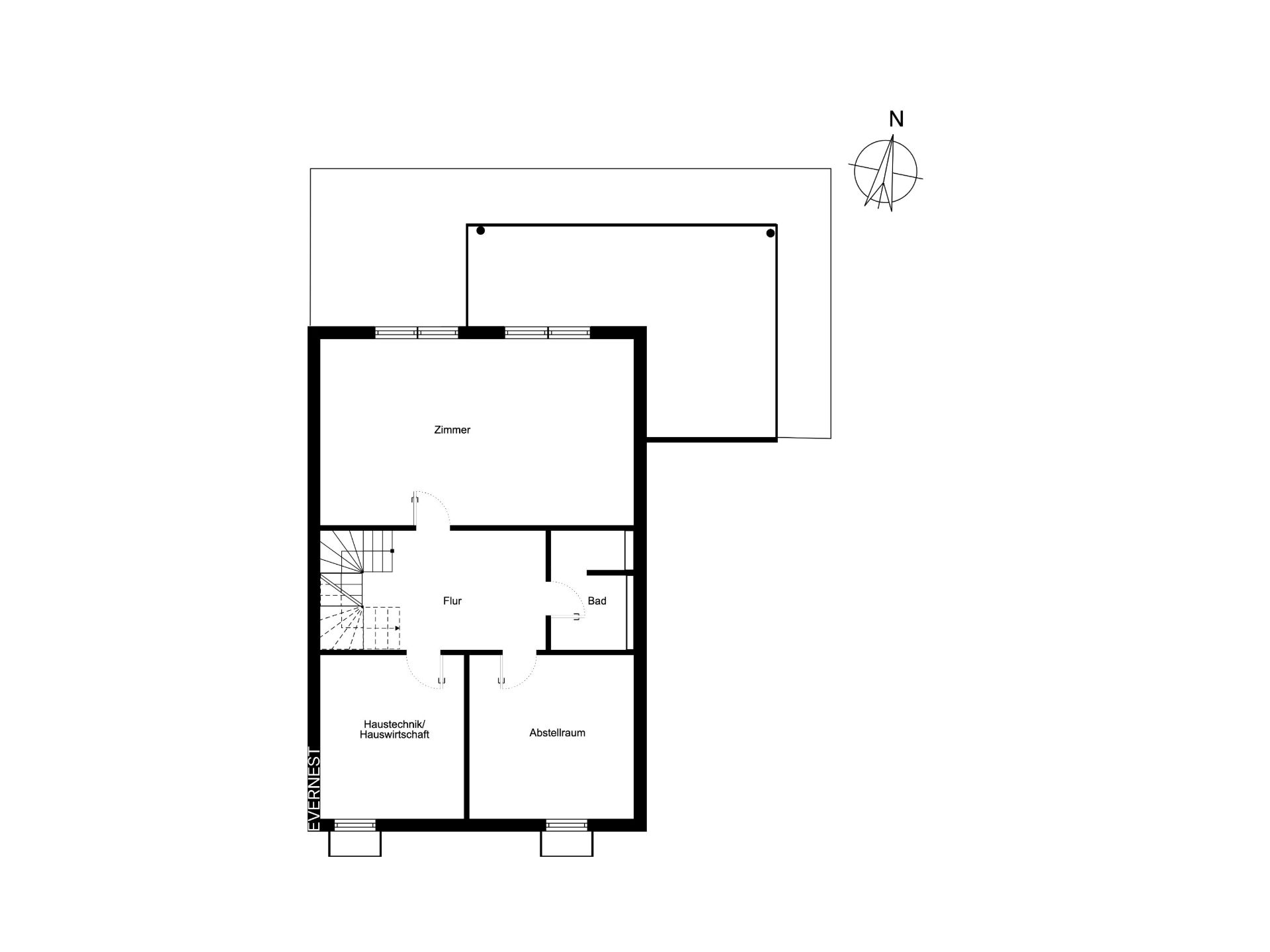 Grundriss mit Zimmer, Flur, Bad, Hauswirtschaftsraum und Abstellraum.