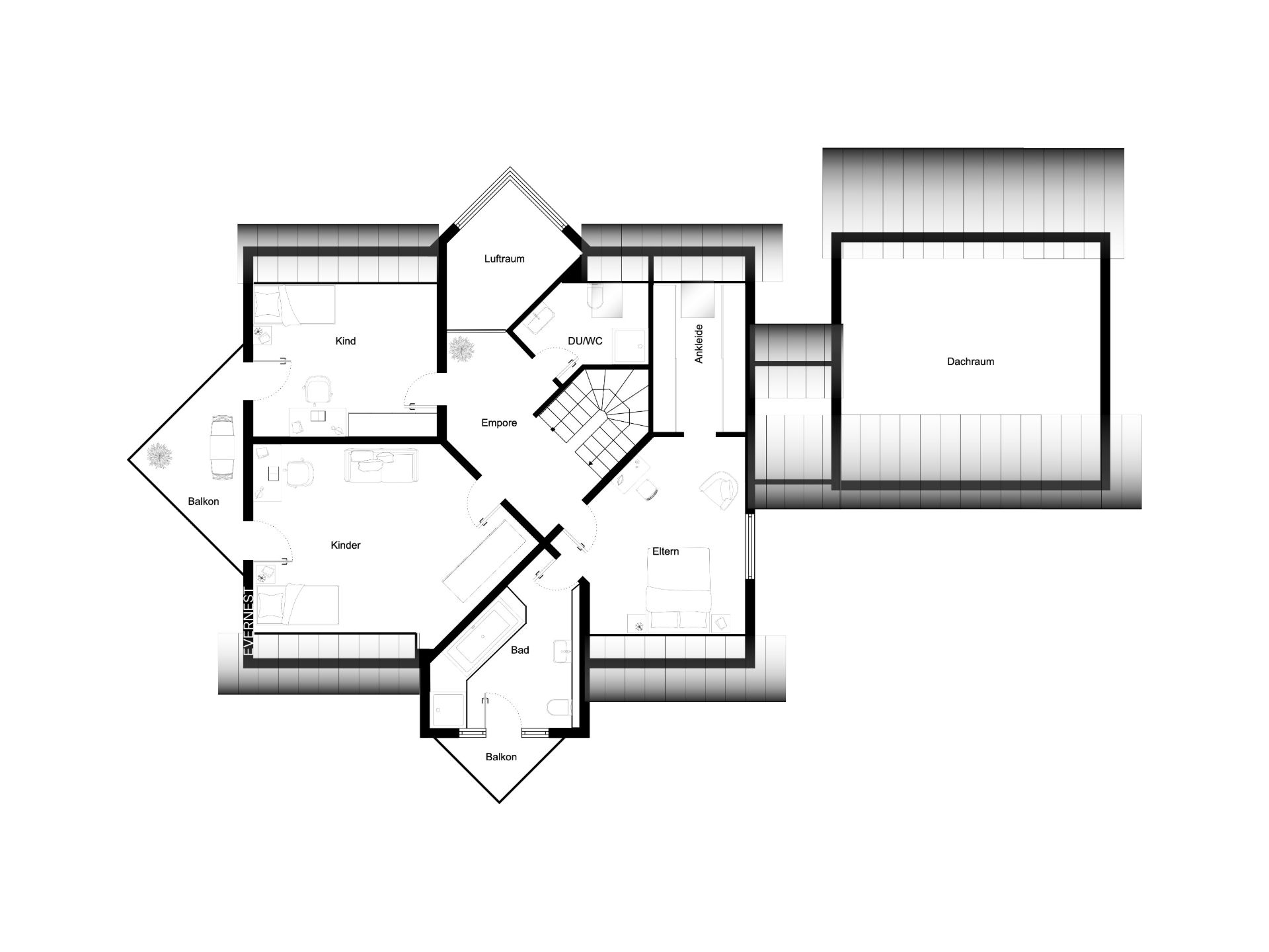 Grundriss eines Wohnhauses mit Kinderzimmer, Elternzimmer, Bad, DU/WC, Balkon und Dachraum.