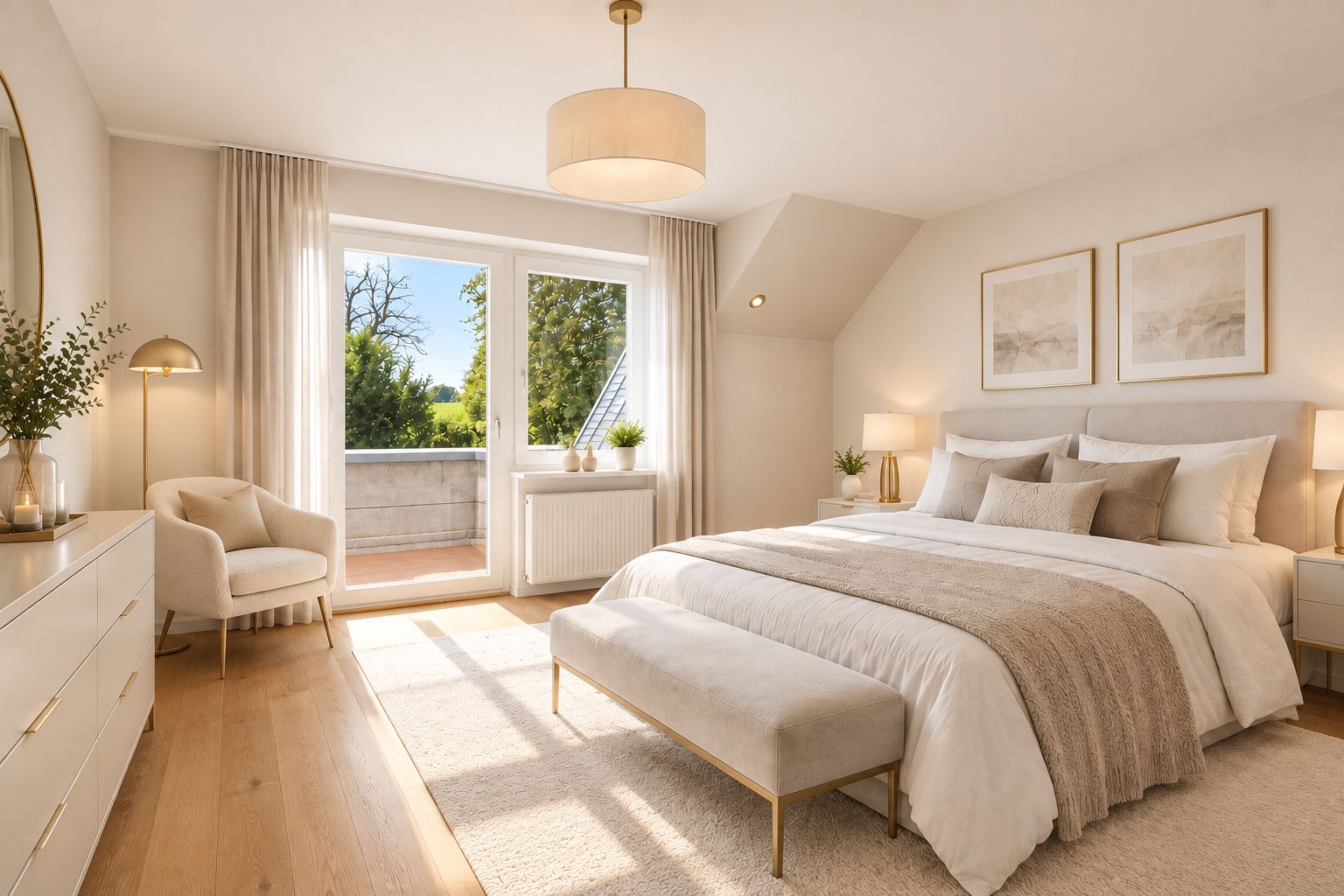 Helles Schlafzimmer mit Doppelbett, Sessel, Kommode und Zugang zu einem Balkon.