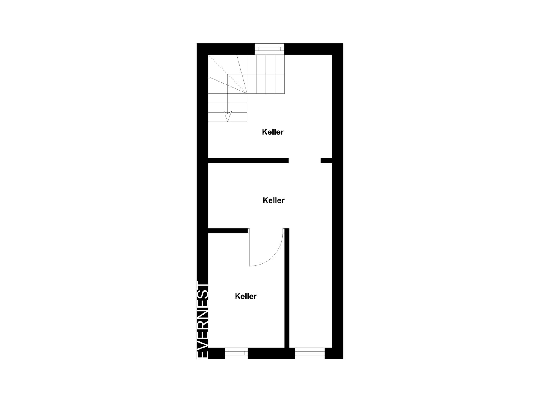 Grundriss eines Kellers mit drei Räumen und einer Treppe.